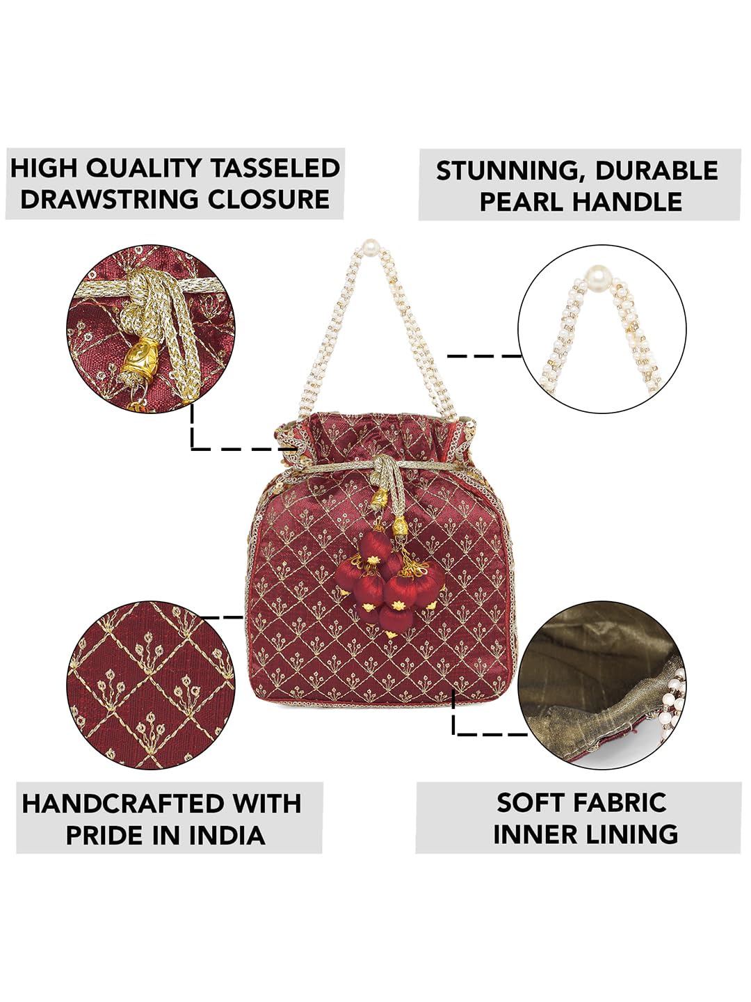 Peora Maroon Potli Purses for Women Handmade Evening Handbag Stylish Bridal Fashion Wristlet Bag for Girls