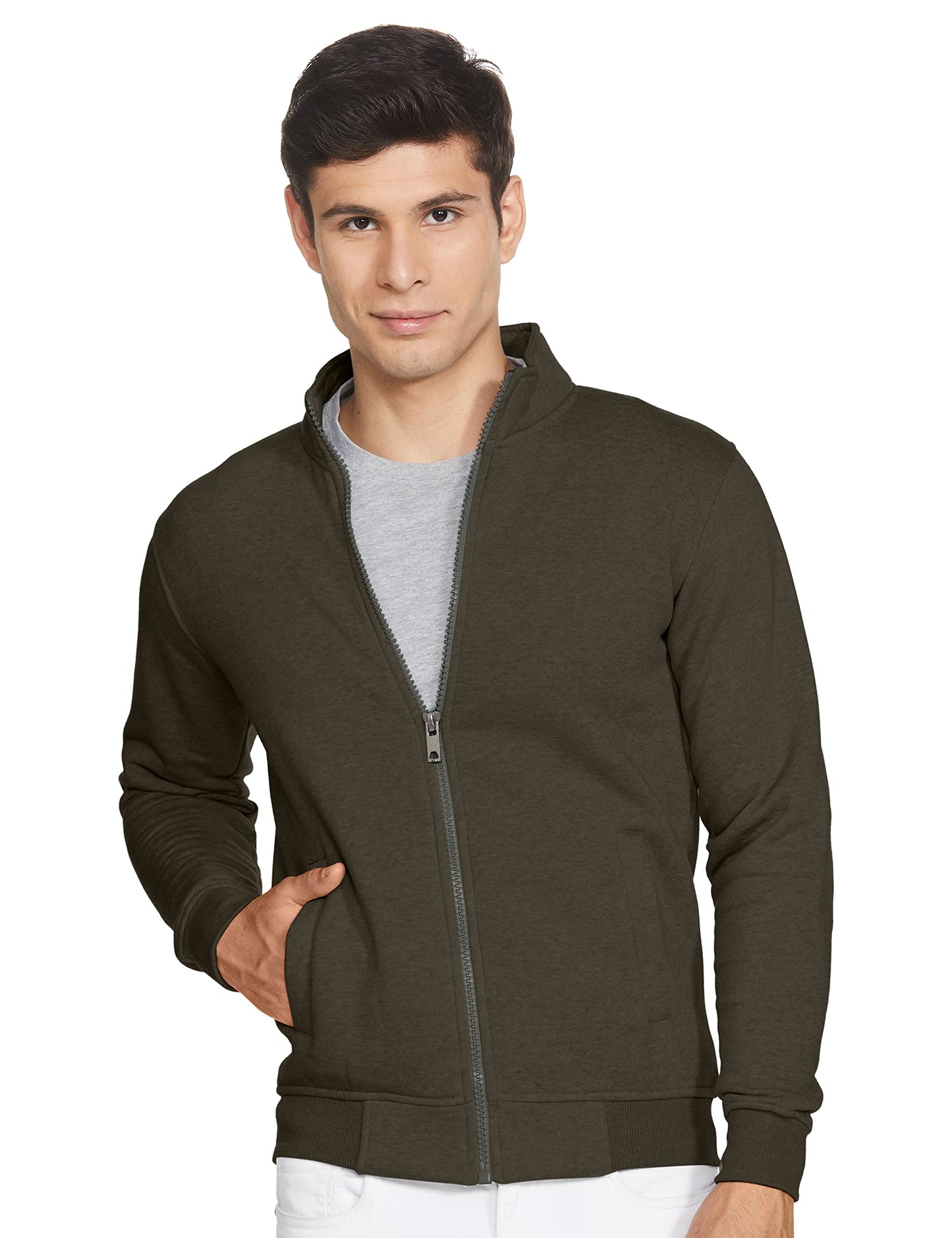 Qube By Fort Collins Men's Cotton Hooded Neck Sweat Shirt (Olive Green)