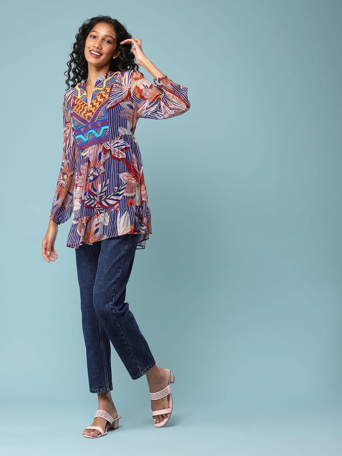 Aarke Ritu Kumar Round Neck Long Sleeve Casual Top Multicolour