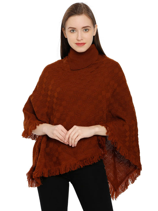 Matelco Women's Woollen Poncho With Hi-Neck Collars (Brown)