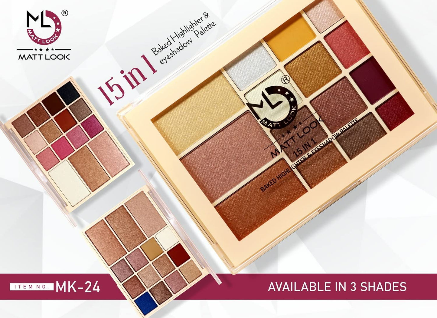 Mattlook 15 in 1 Baked Highlighter & Eyeshadow Palette, Face Makeup, Multicolor-3 (33.6gm)