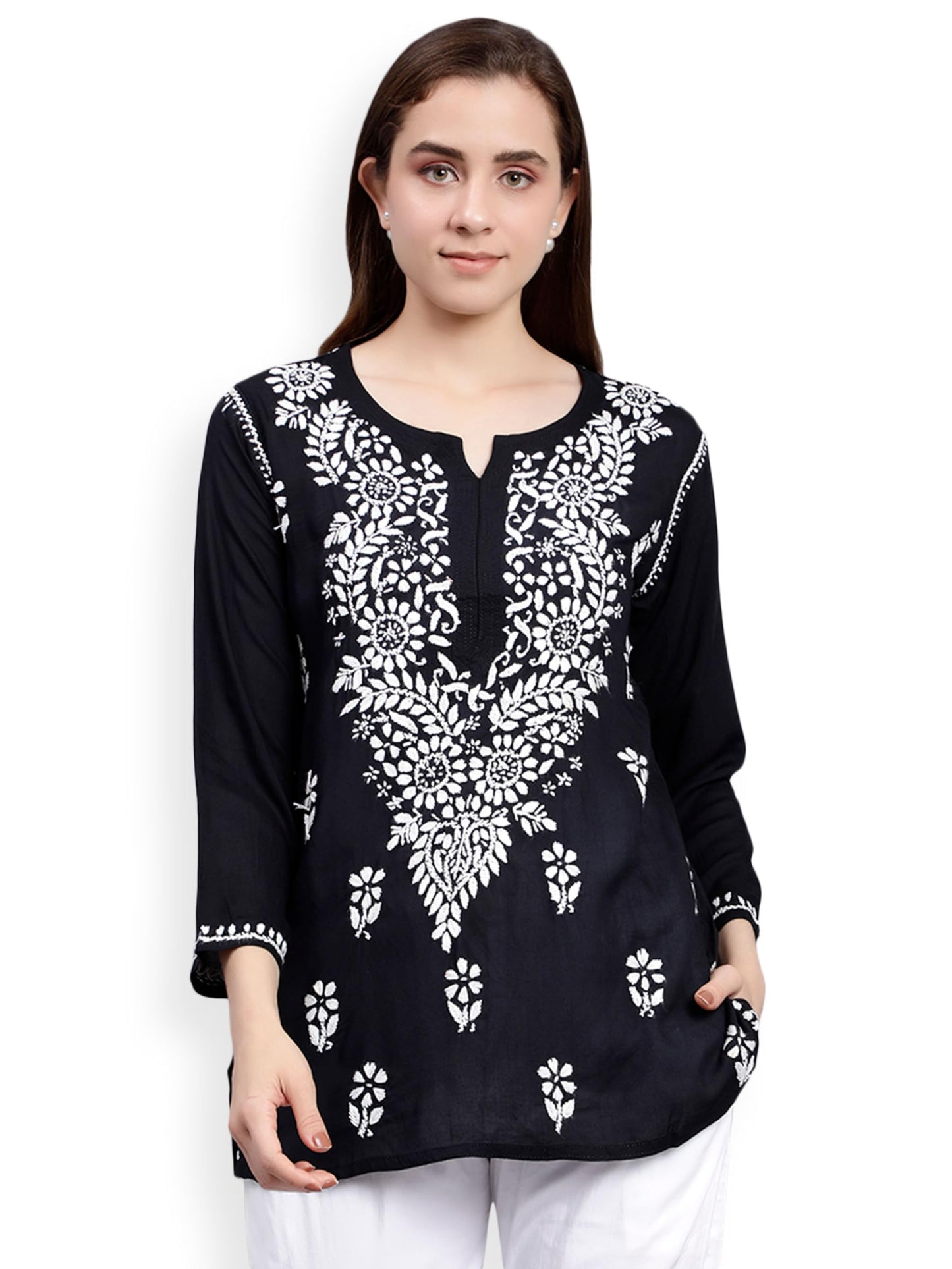 Seva Chikan Hand Embroidered Black Modal Lucknowi Chikankari Top (Black)