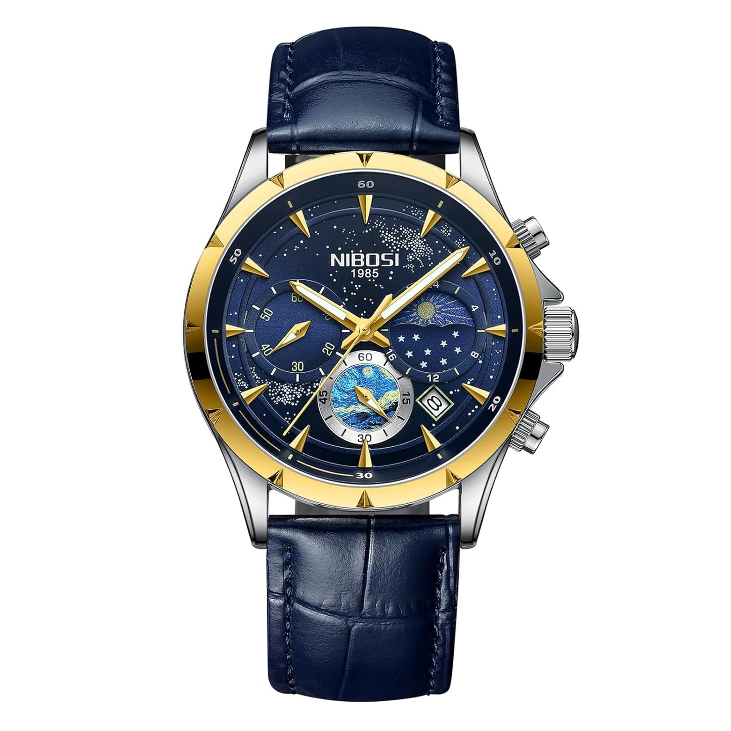 NIBOSI Men's Watches Analog Quartz Starry Dial Watches for Men Stylish Waterproof Chronograph Stainless Steel Leather Wrist Watches Calendar
