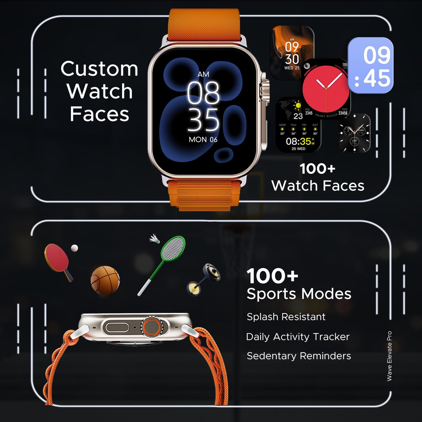 boAt Wave Elevate Pro w/ 1.96" AMOLED Display, BT Calling,Coins,Rugged Metal Body,Functional Crown,Always on Display,100+Sports Mode,HR & SpO2, Smart Watch for Men & Women(Royal Orange)