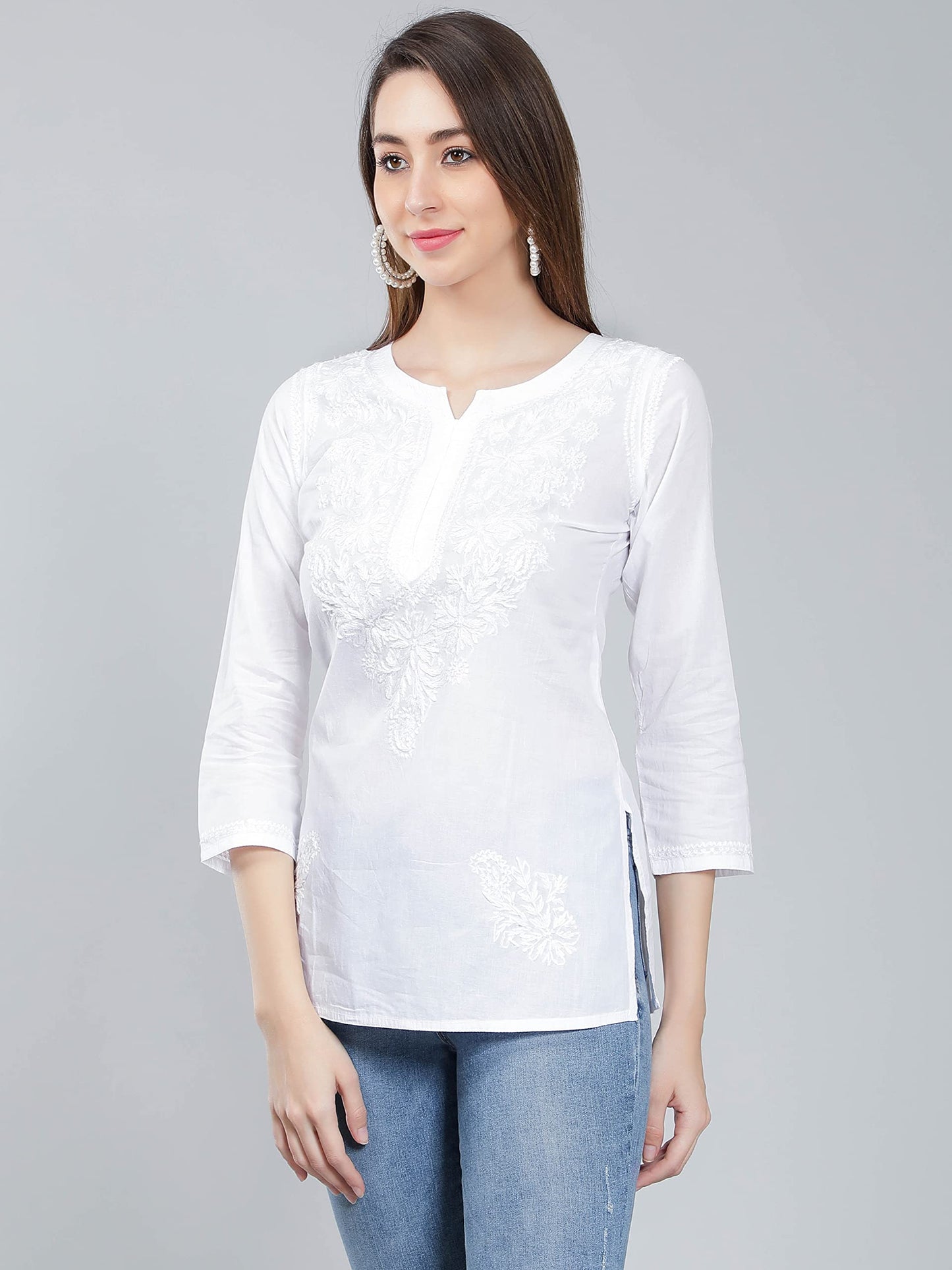 Seva Chikan Hand Embroidered Lucknowi Chikankari White Cotton Short Top Tunic for Women (White)