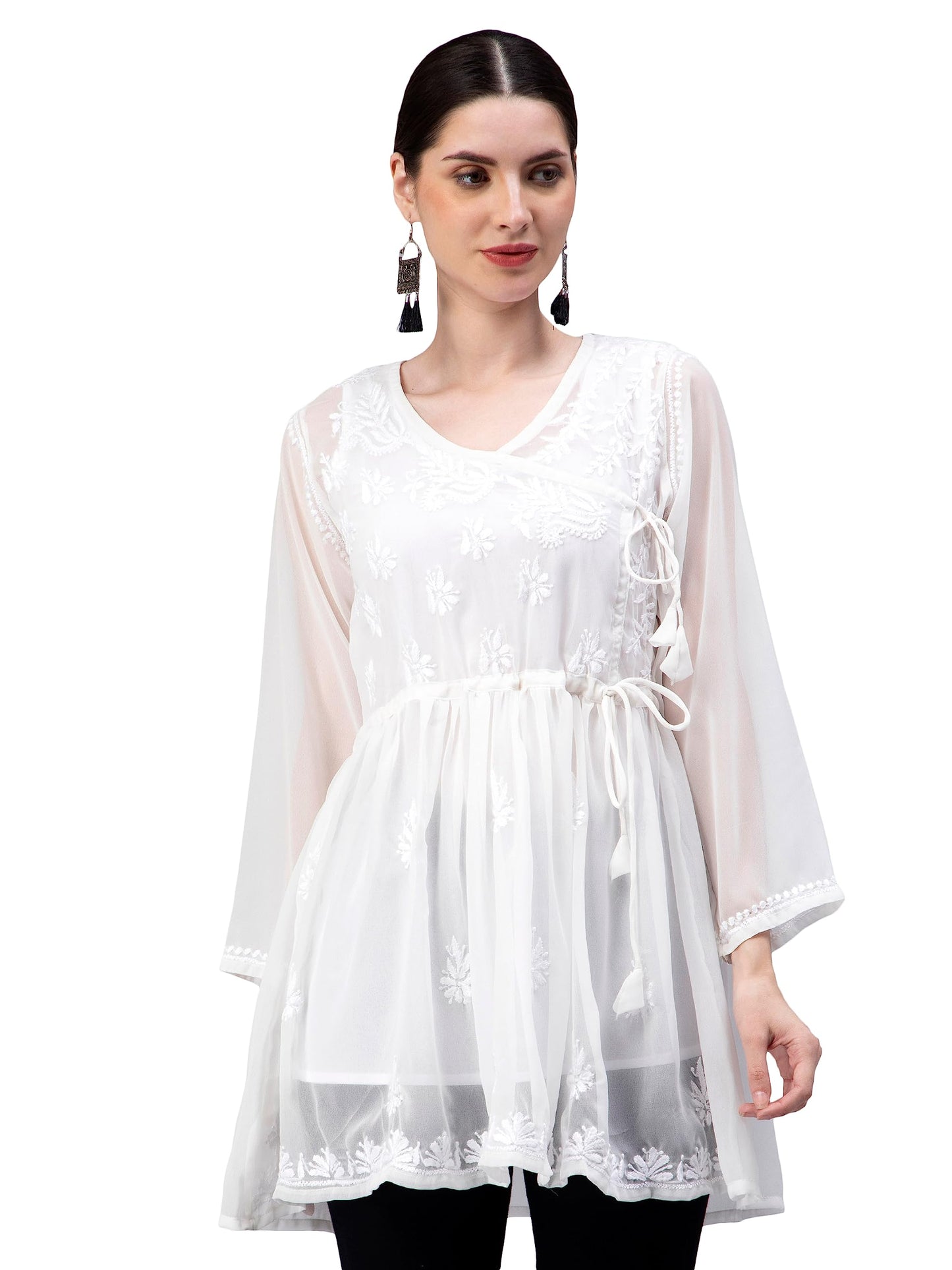 Seva Chikan Hand Embroidered Lucknowi Chikankari White Angarkha Georgette Women Short Top & Tunic with Slip (White)