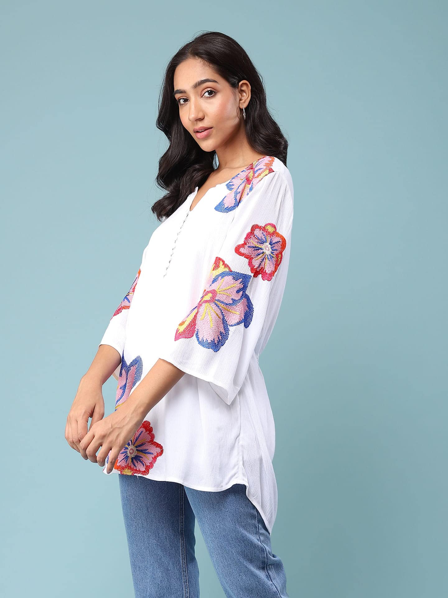 Aarke Ritu Kumar Round Neck 3/4 Sleeve Casual Top White