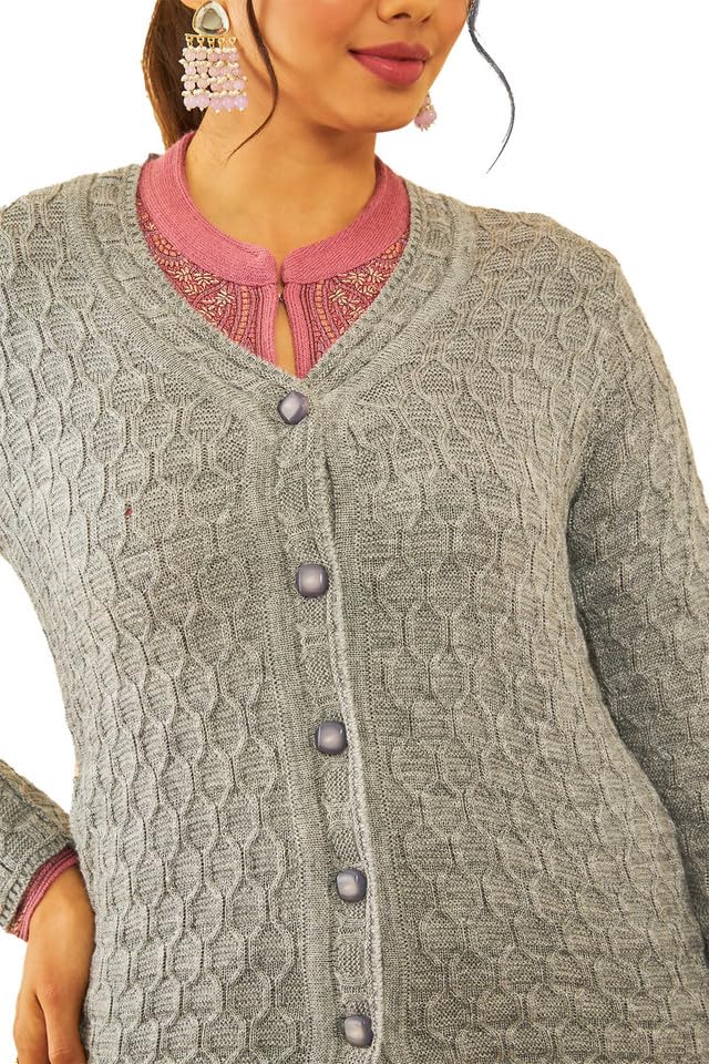 Soch Womens Grey Acrylic Woven Design Winter Cardigan(8907175610886)