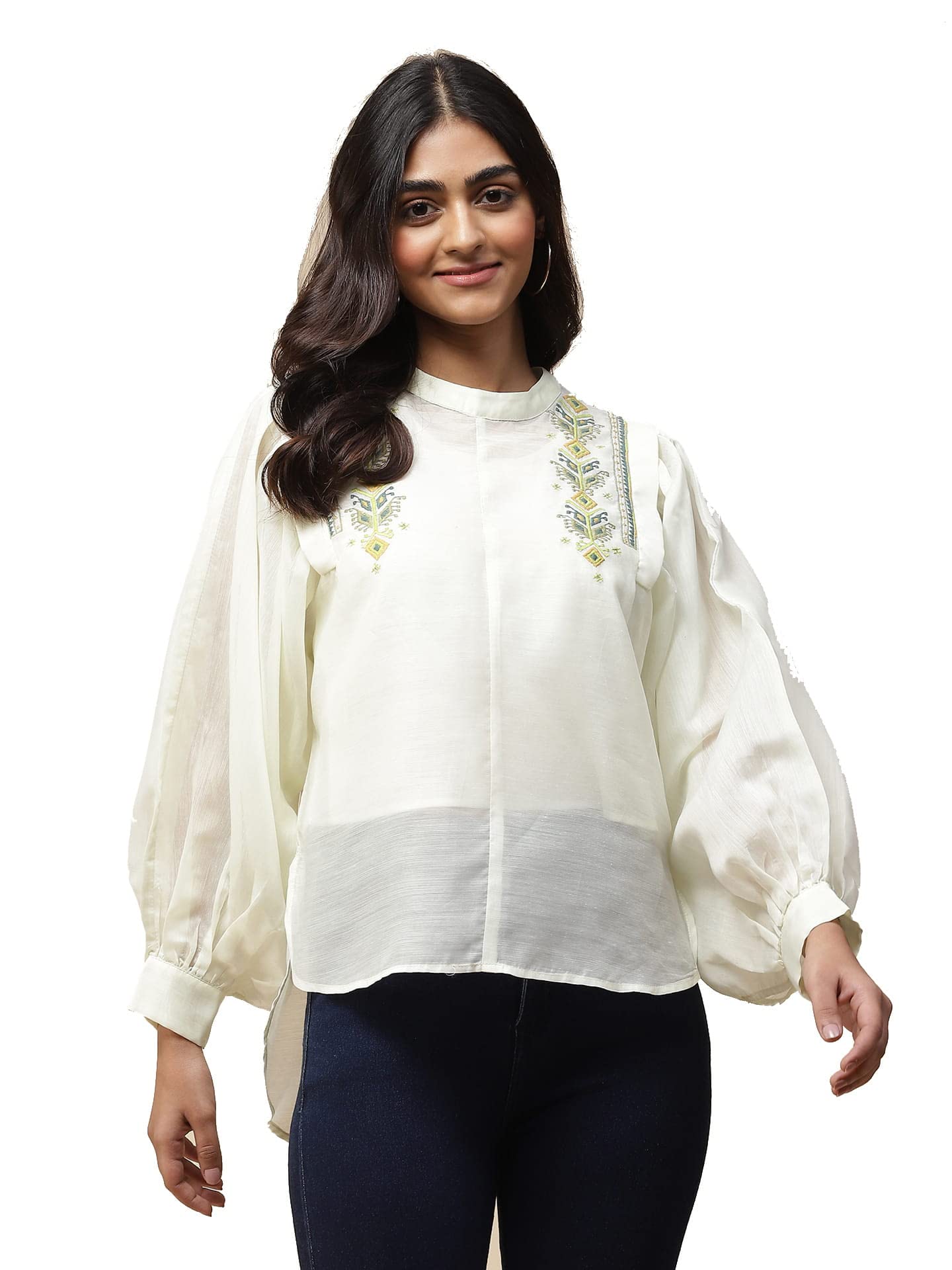 Aarke Ritu Kumar Lemon Yellow Embroidered Top with Puffed Sleeves