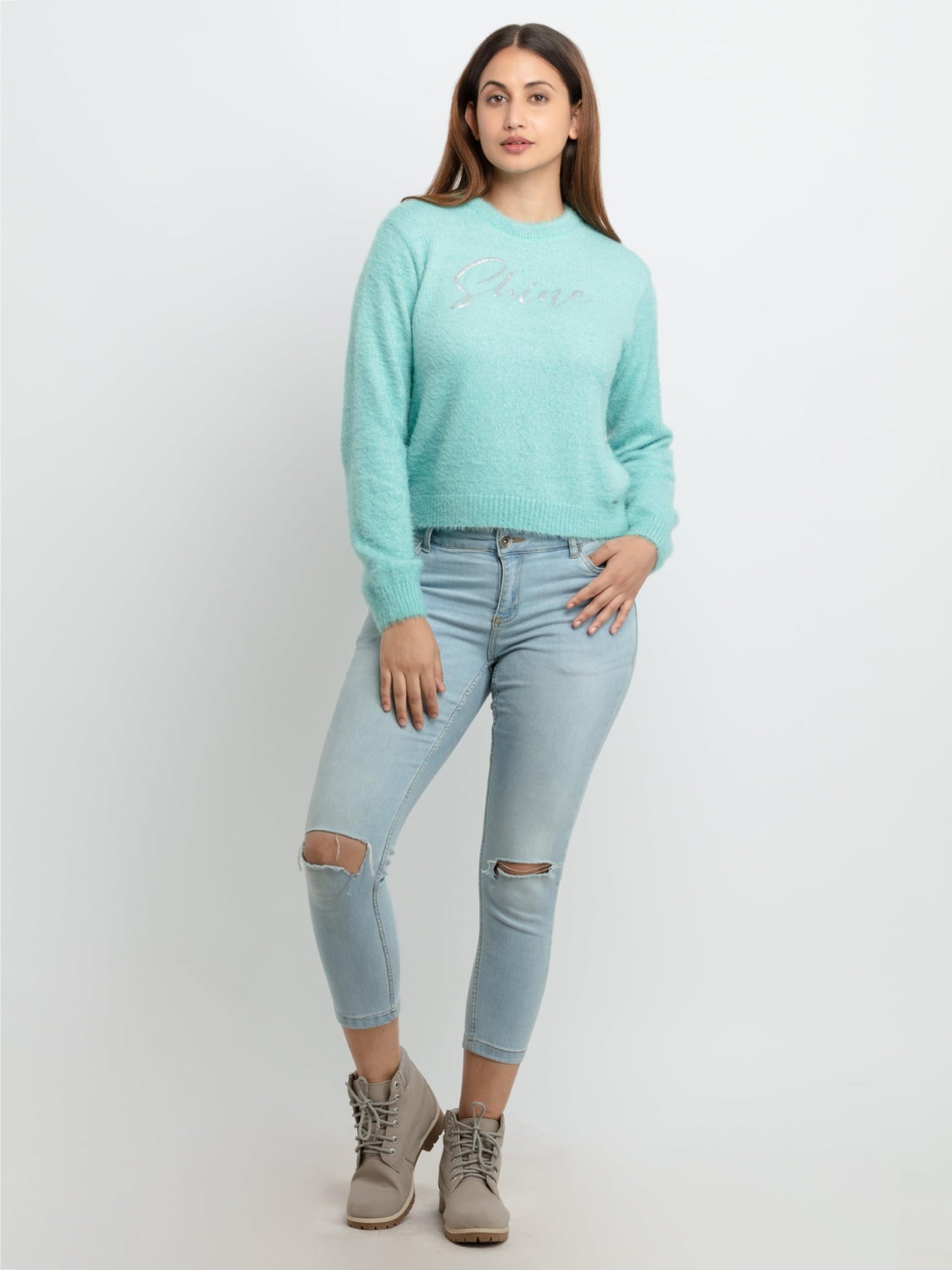 Status Quo Womens Knitted Round Neck Sweater Aqua