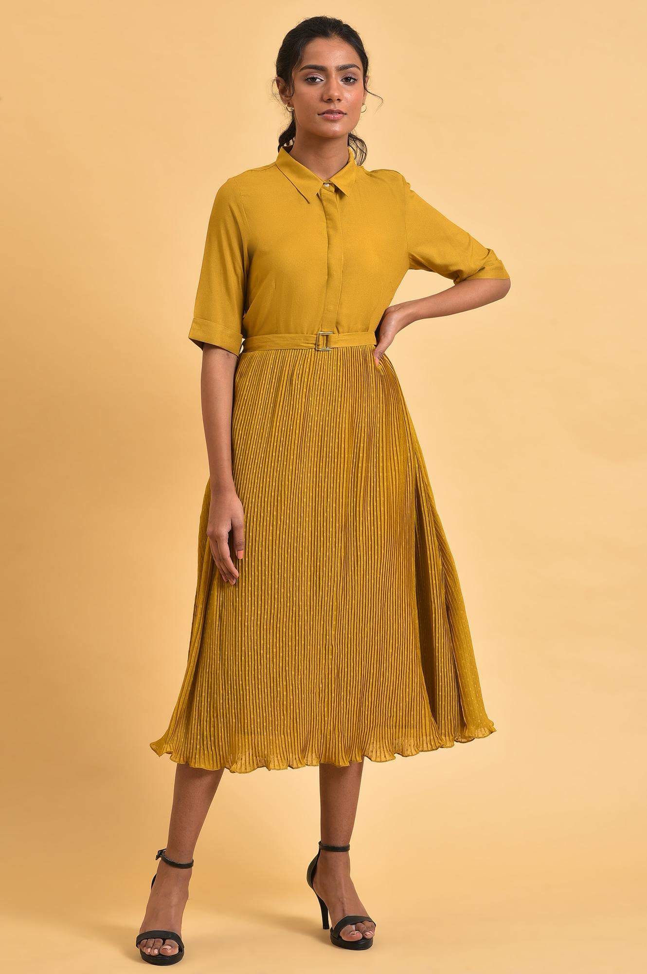 W for Woman Women's Viscose Mustard Yellow Pleated Dress Calf Length