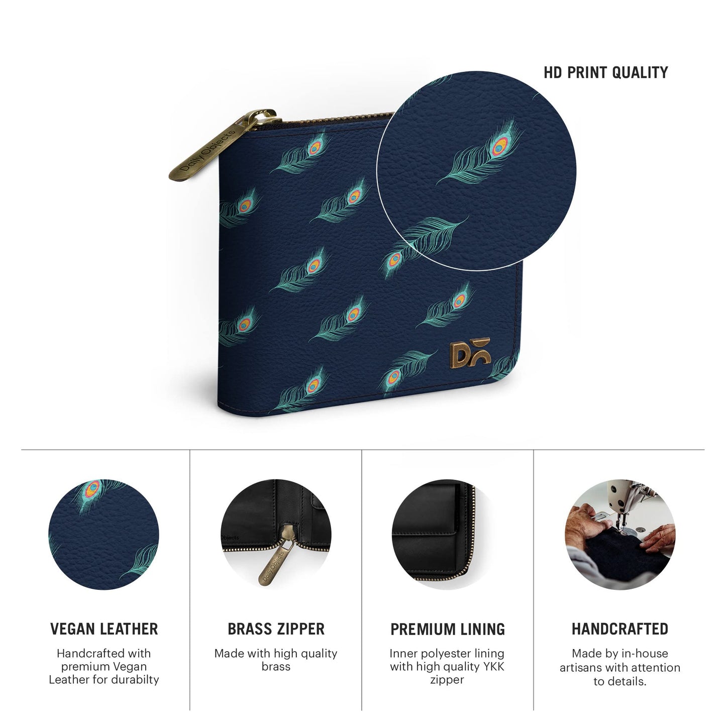 DailyObjects Navy Feathers Women's Zip Wallet | Made with Leather Material | Carefully Handcrafted | Holds up to 8 Cards | Slim and Easy to Fit in Pocket | Coin Pocket with Button Closure