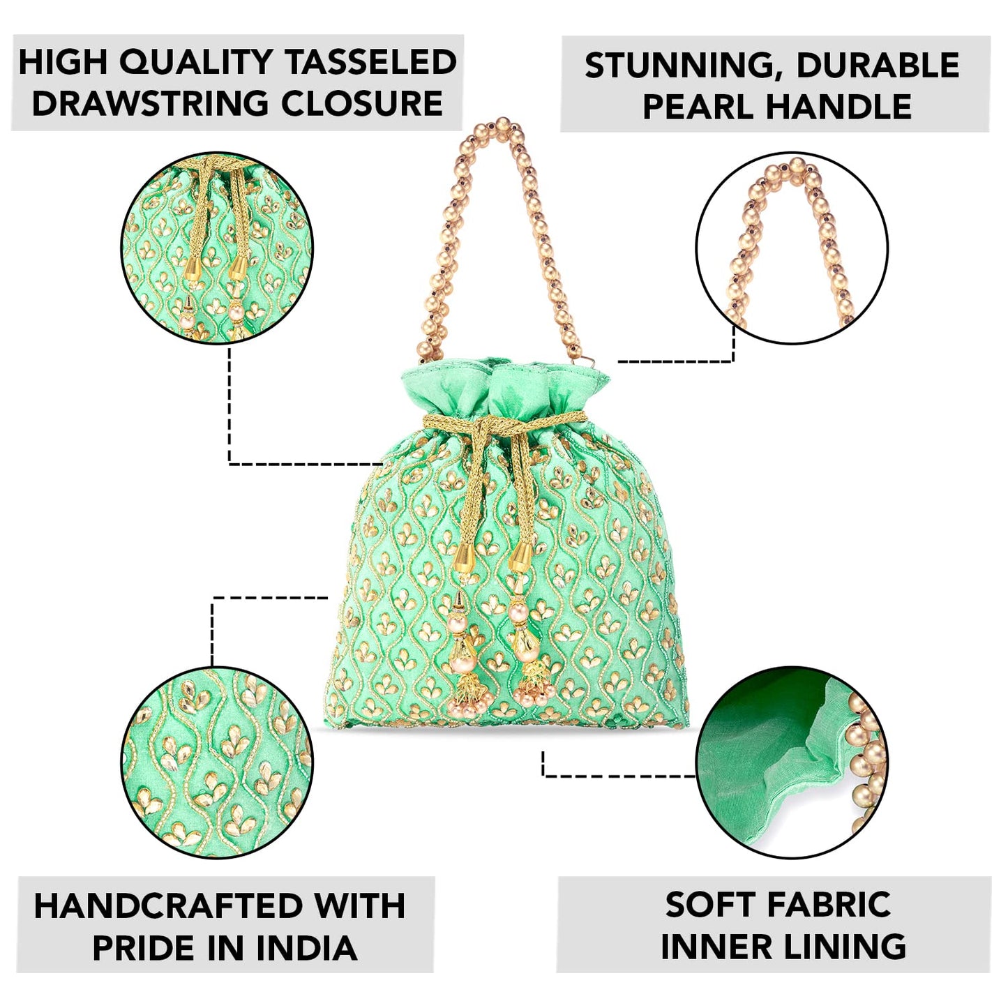 Peora Mint Potli Bags for Women Evening Bag Clutch Ethnic Bride Purse with Drawstring