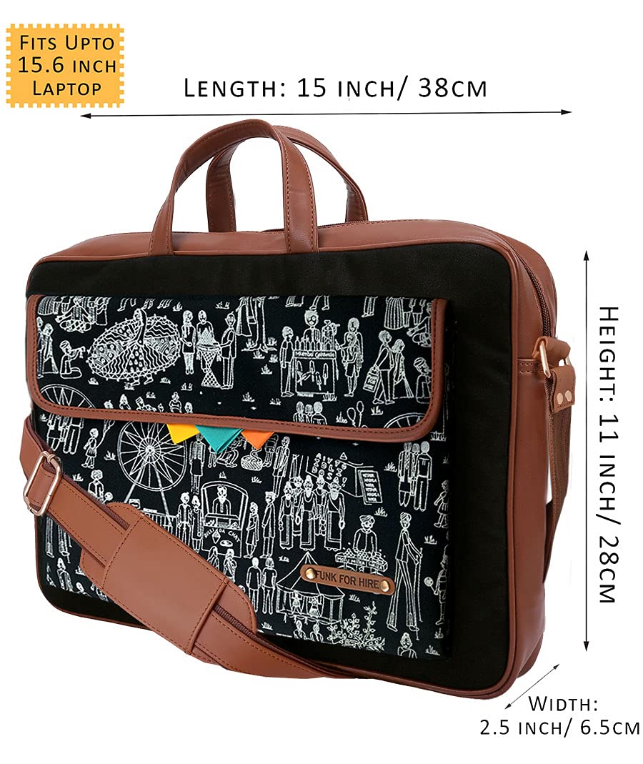 Funk For Hire Mela Printed One Pocket Cotton Canvas Unisex 15.6 inch Laptop Bag Black