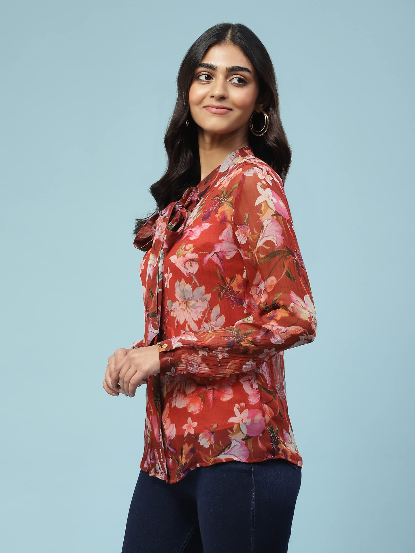 Aarke Ritu Kumar Red Floral Print Tie-Up Shirt with Camisole