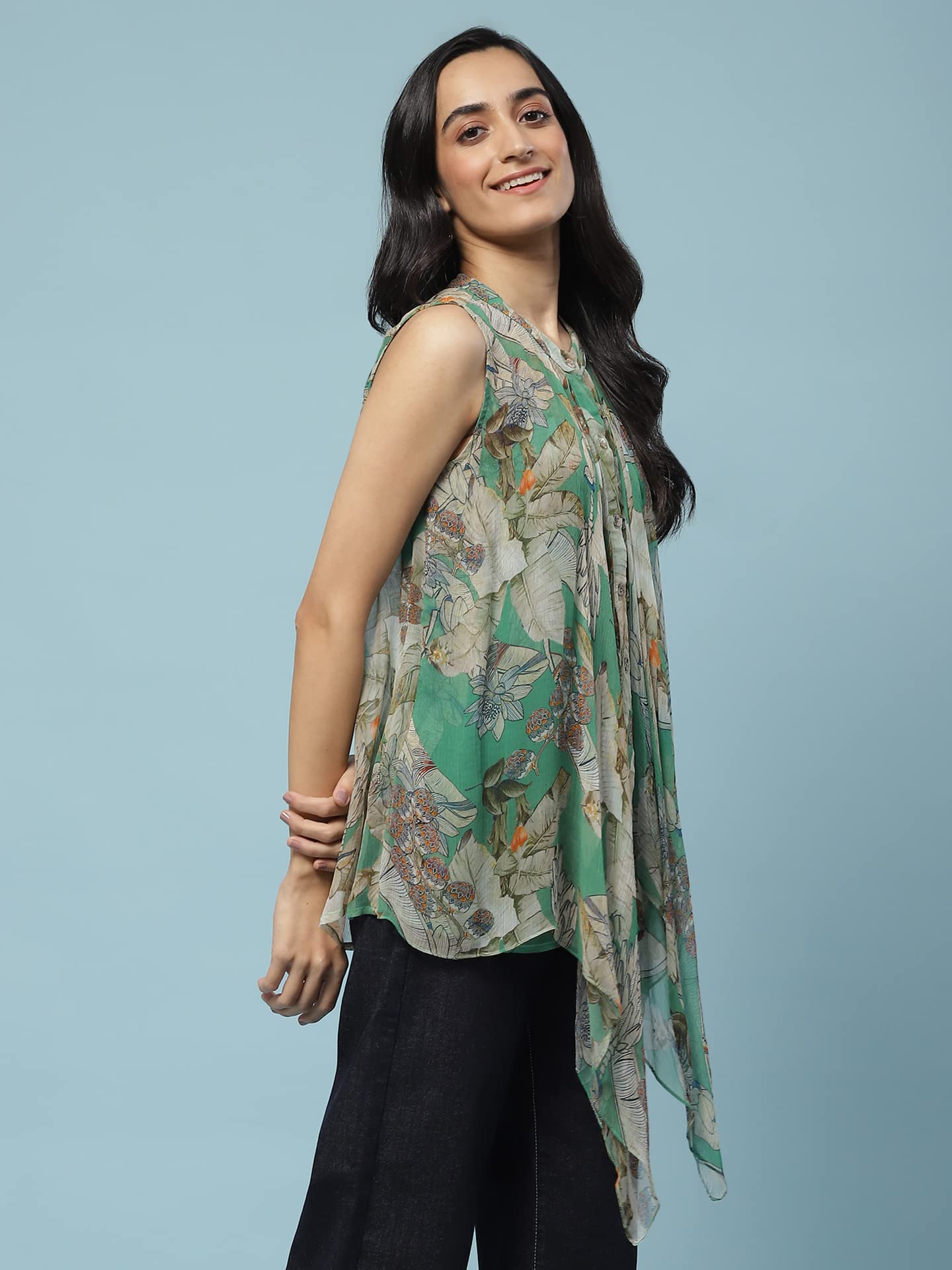 Aarke Ritu Kumar Green Floral Print Tie-Up Top