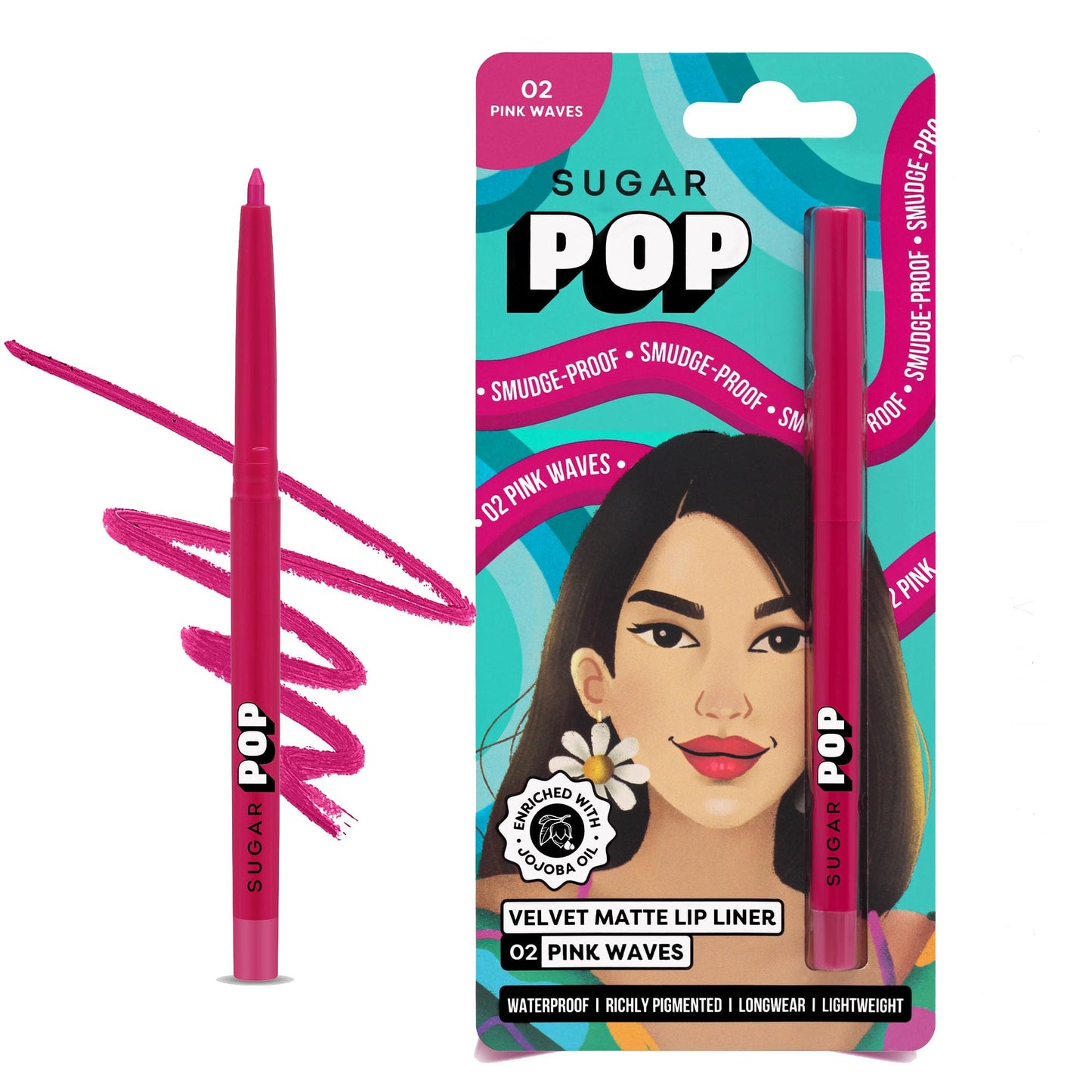 SUGAR POP Velvet Matte Lip Liner - 02 Pink Wave (Hot Pink) | Smudge-proof & Transfer-proof | Creamy Matte Finish | 0.27g