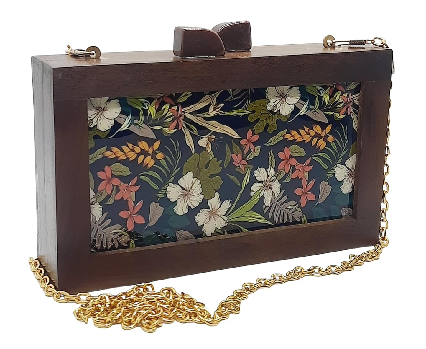 Trend Overseas Women's Wooden Printed Ethnic Clutch Bag/Bridal Purse/Handbag_Crossbody Sling Bags Detachable Chain for Bridal (Floral)