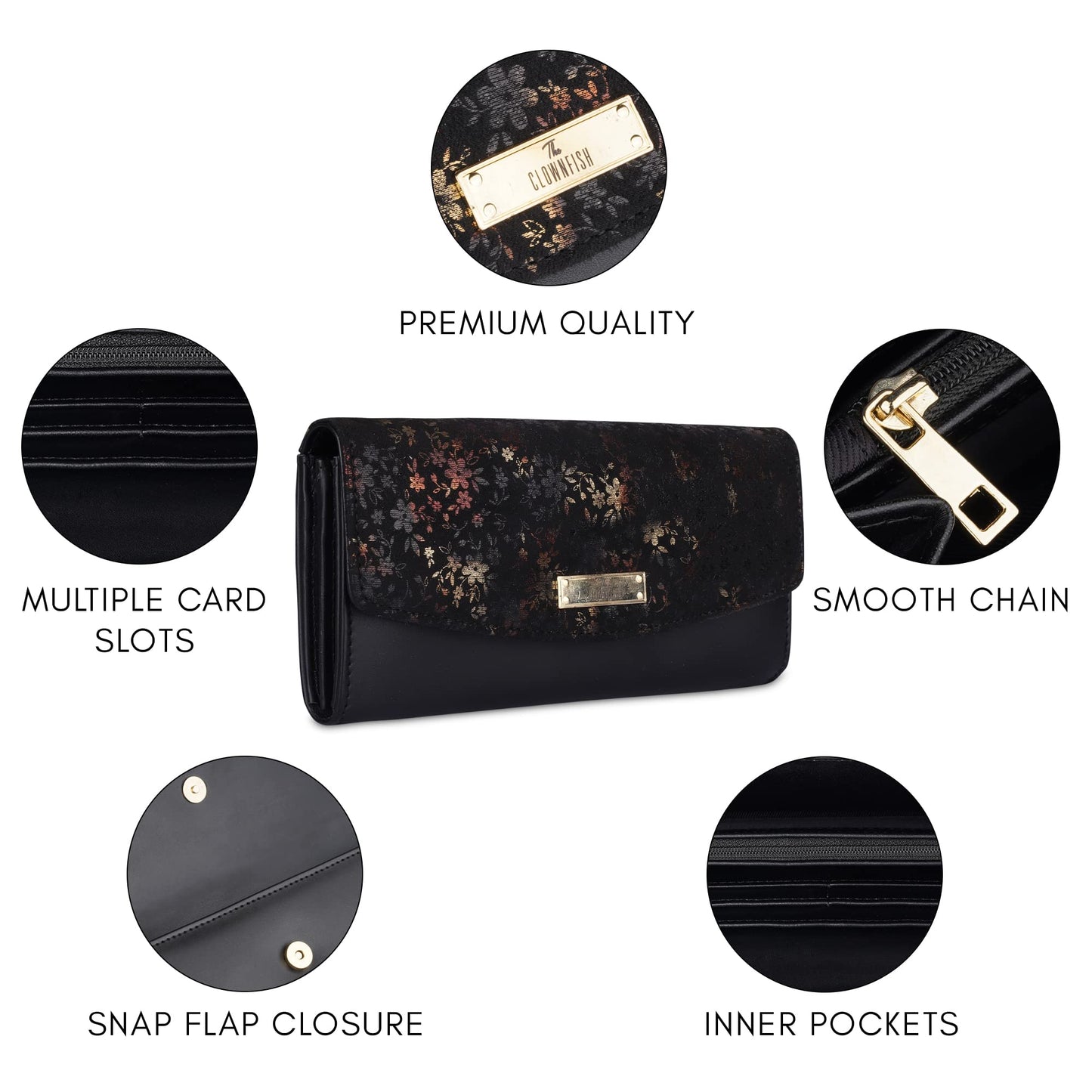 THE CLOWNFISH Jacinta Collection Womens Wallet Clutch Ladies Purse with Floral Design On Flap & Multiple Card Slots (Black)