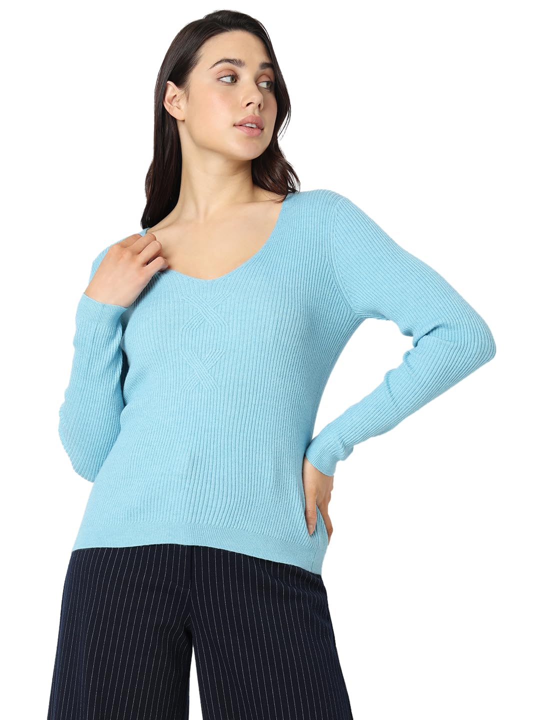 VERO MODA Women's Viscose Casual Pullover Sweater (Powder Blue)