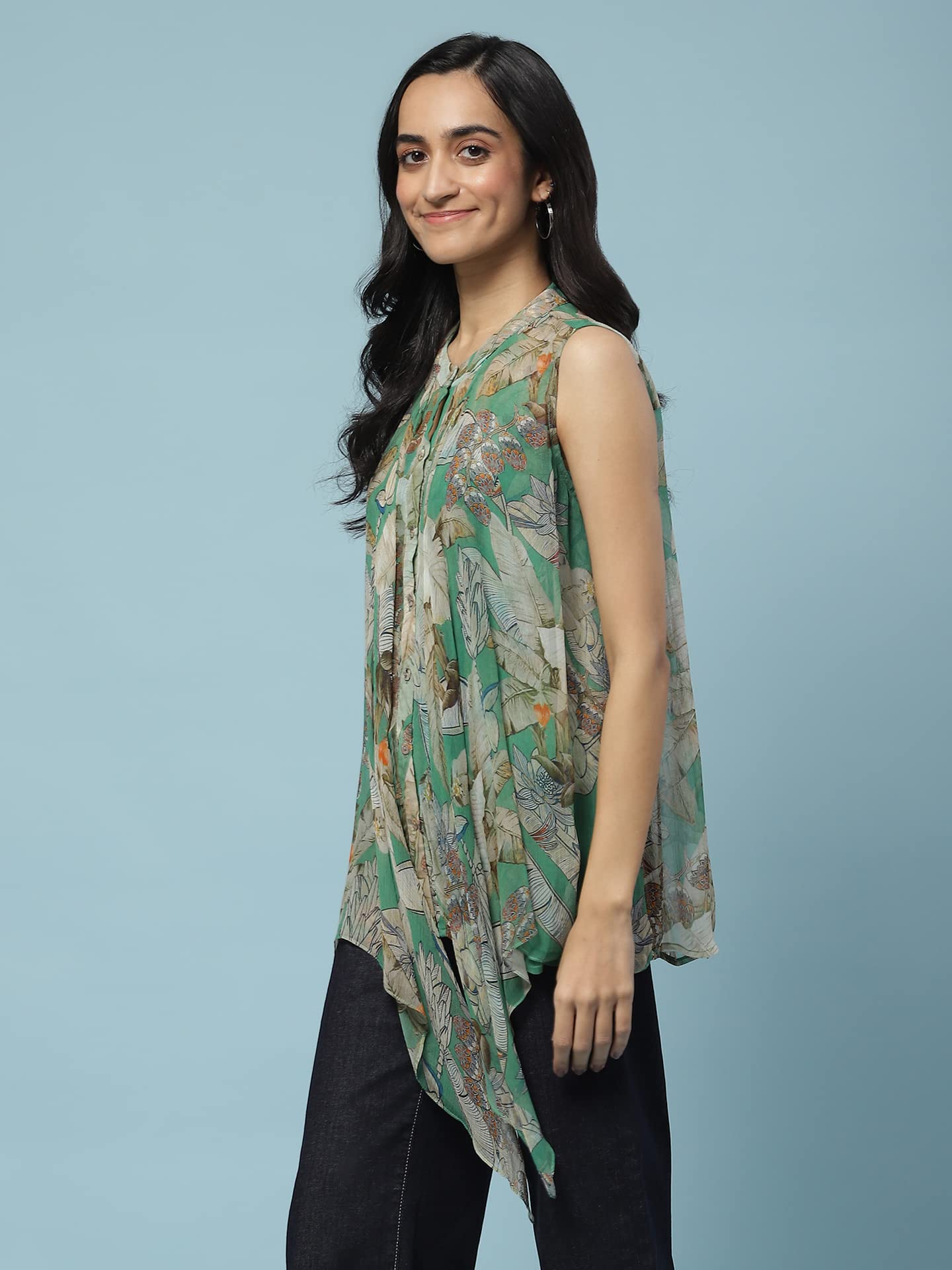 Aarke Ritu Kumar Green Floral Print Tie-Up Top