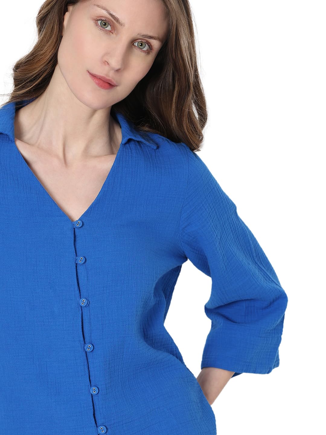 VERO MODA Women's Solid Relaxed Fit Shirt (120252602-Lapis Blue_Lapis