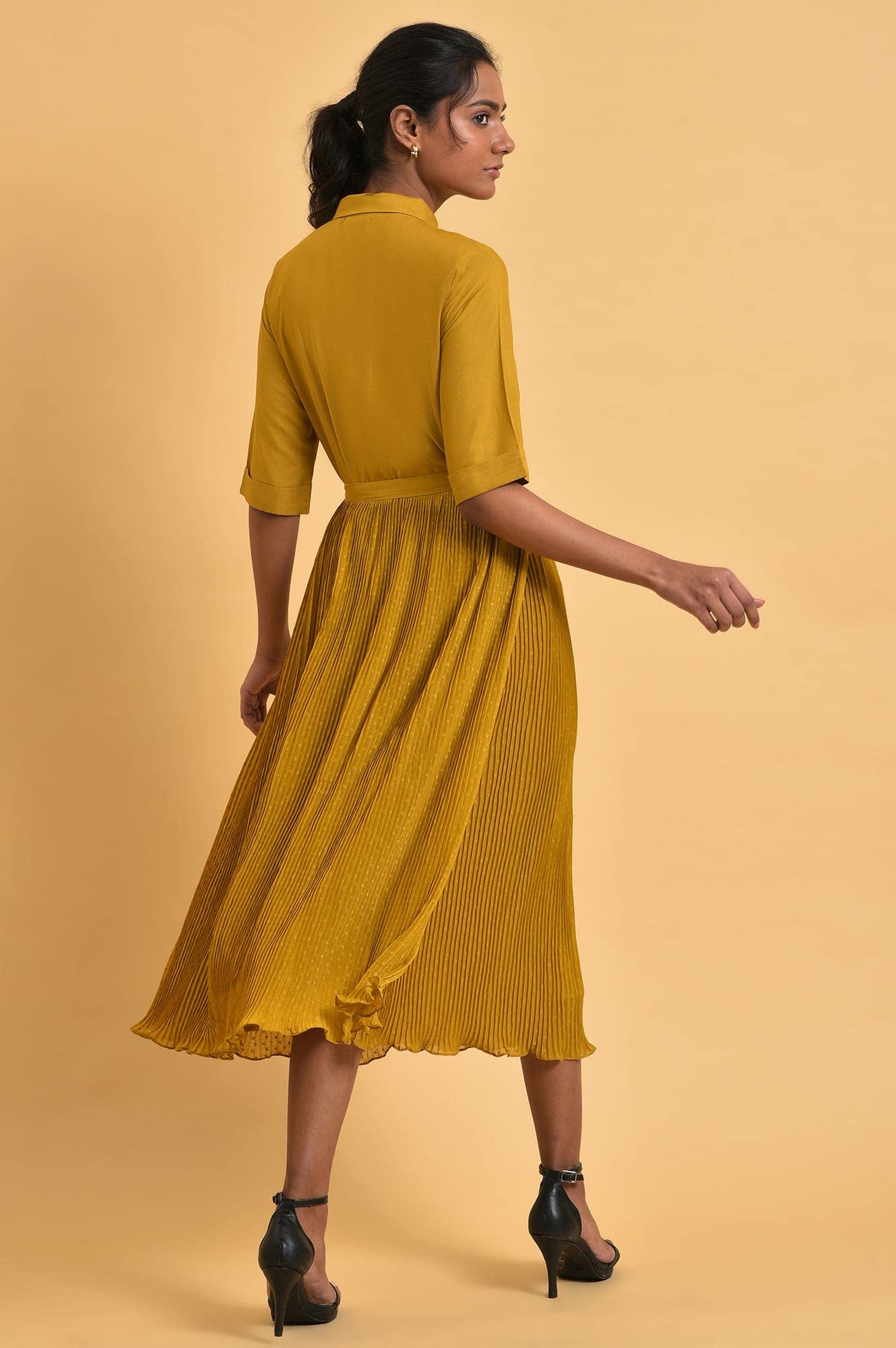 W for Woman Women's Viscose Mustard Yellow Pleated Dress Calf Length