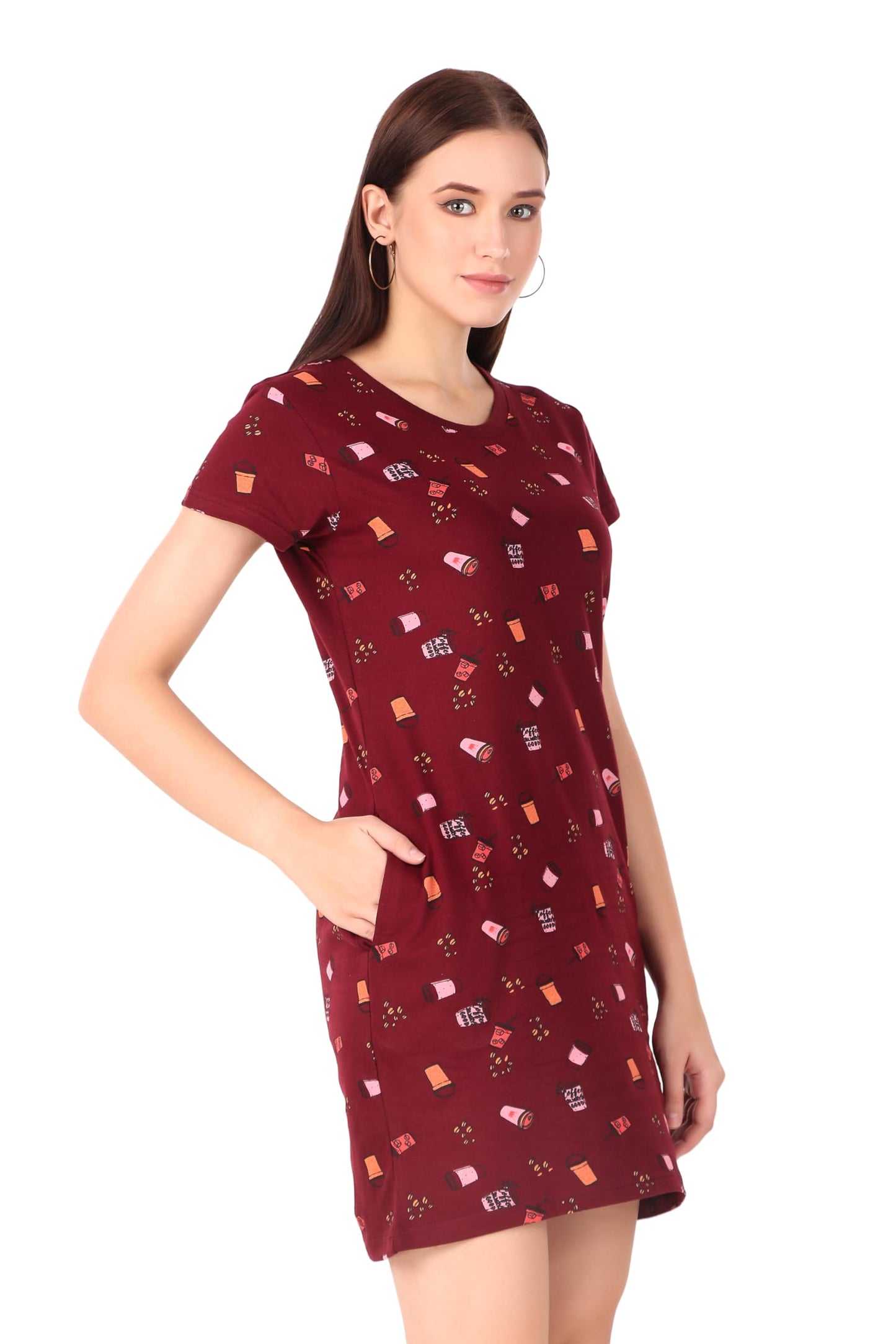 Stories.Label Women Cotton Long Printed Middies T-Shirt Dress in Knee Length with Side Pockets Include Plus Sizes, Western Casual One Piece T-Shirts Dresses for Girls (Maroon, 3XL)