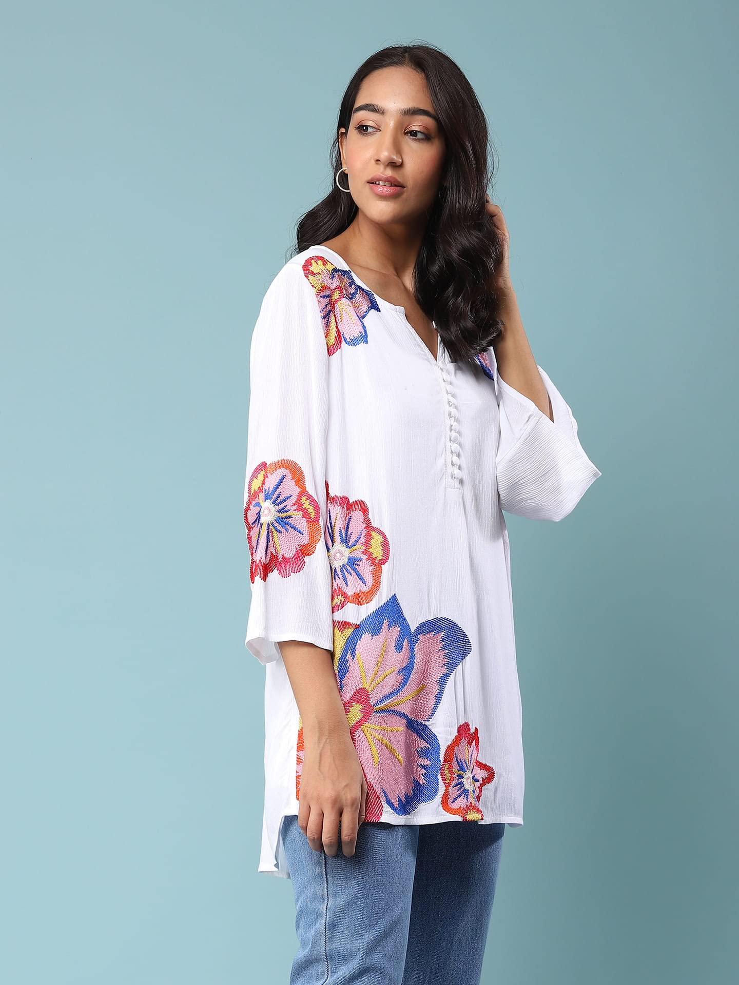 Aarke Ritu Kumar Round Neck 3/4 Sleeve Casual Top White