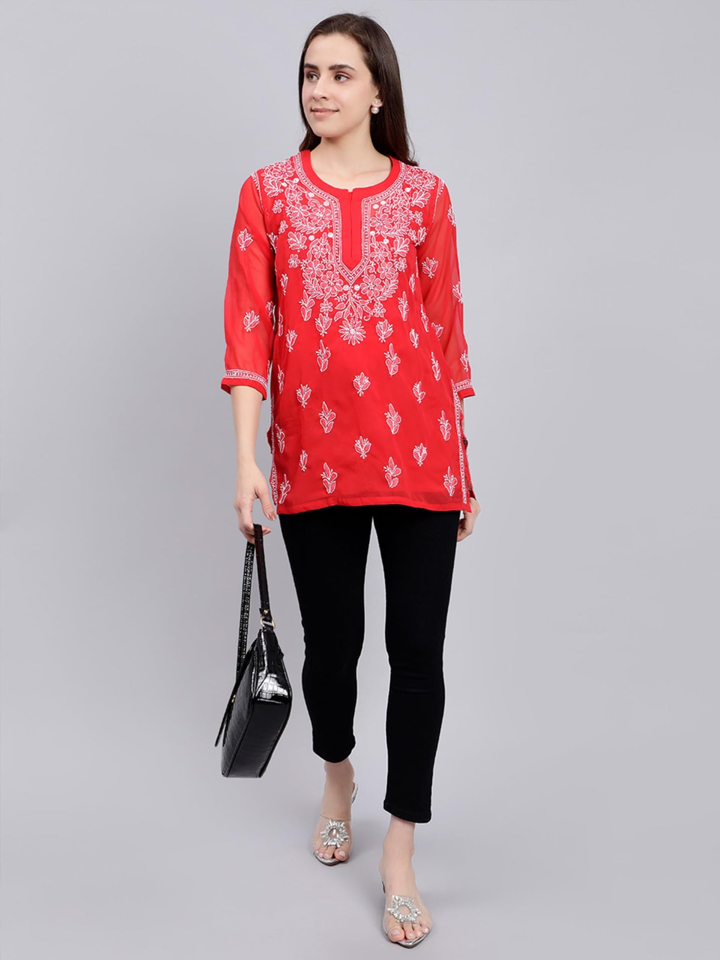 Seva Chikan Hand Embroidered Red Georgette Lucknowi Chikankari Top with Slip (Red)