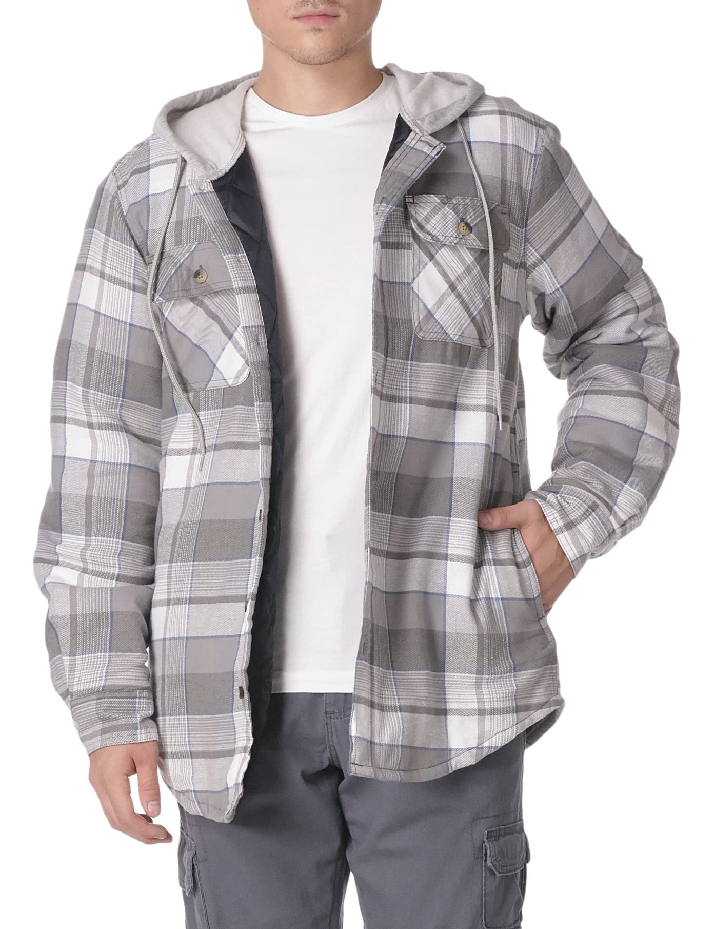 Wrangler Authentics Men's Long Sleeve Quilted Lined Flannel Shirt Jacket with Hood, Cloud Burst with Gray, S