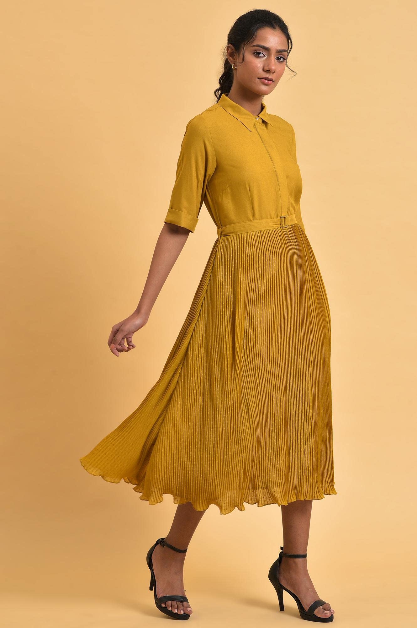 W for Woman Women's Viscose Mustard Yellow Pleated Dress Calf Length