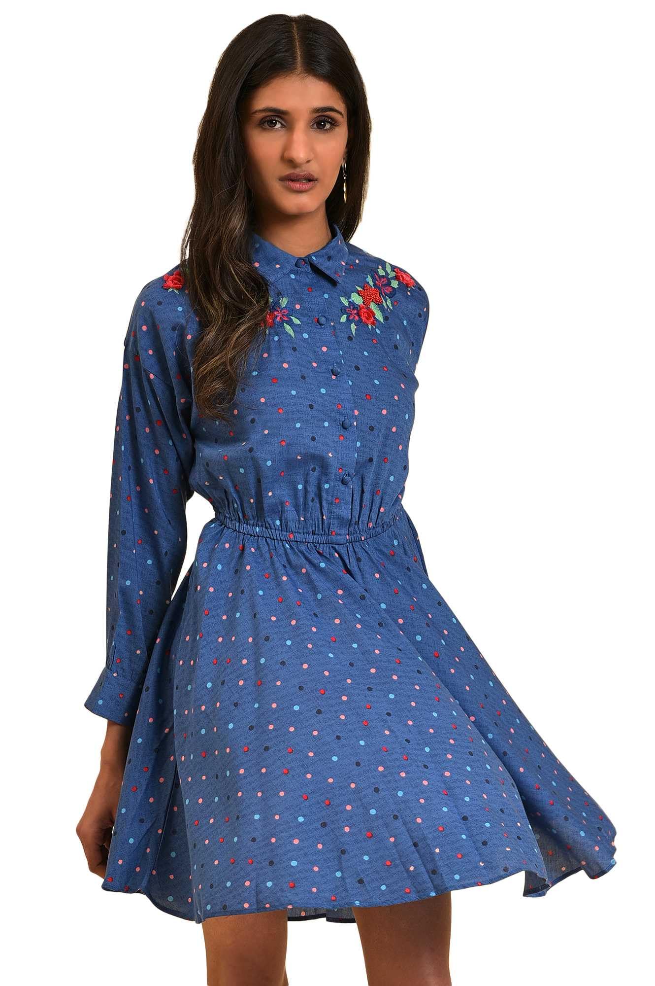 W for Woman Women's Polyester Blue Polka Dot Embroidered Dress Above The Knee