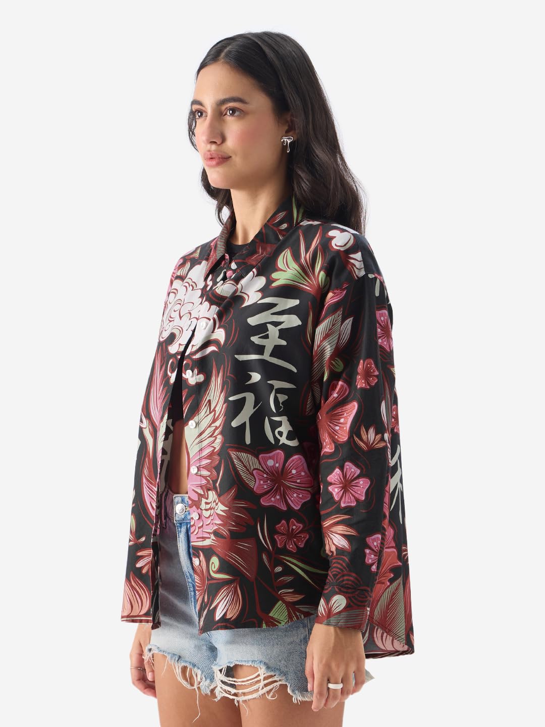 The Souled Store Konnichiwa Women and Girls Long Sleeve Button Down 100% Cotton Boyfriend Fit Shirts Multicolour