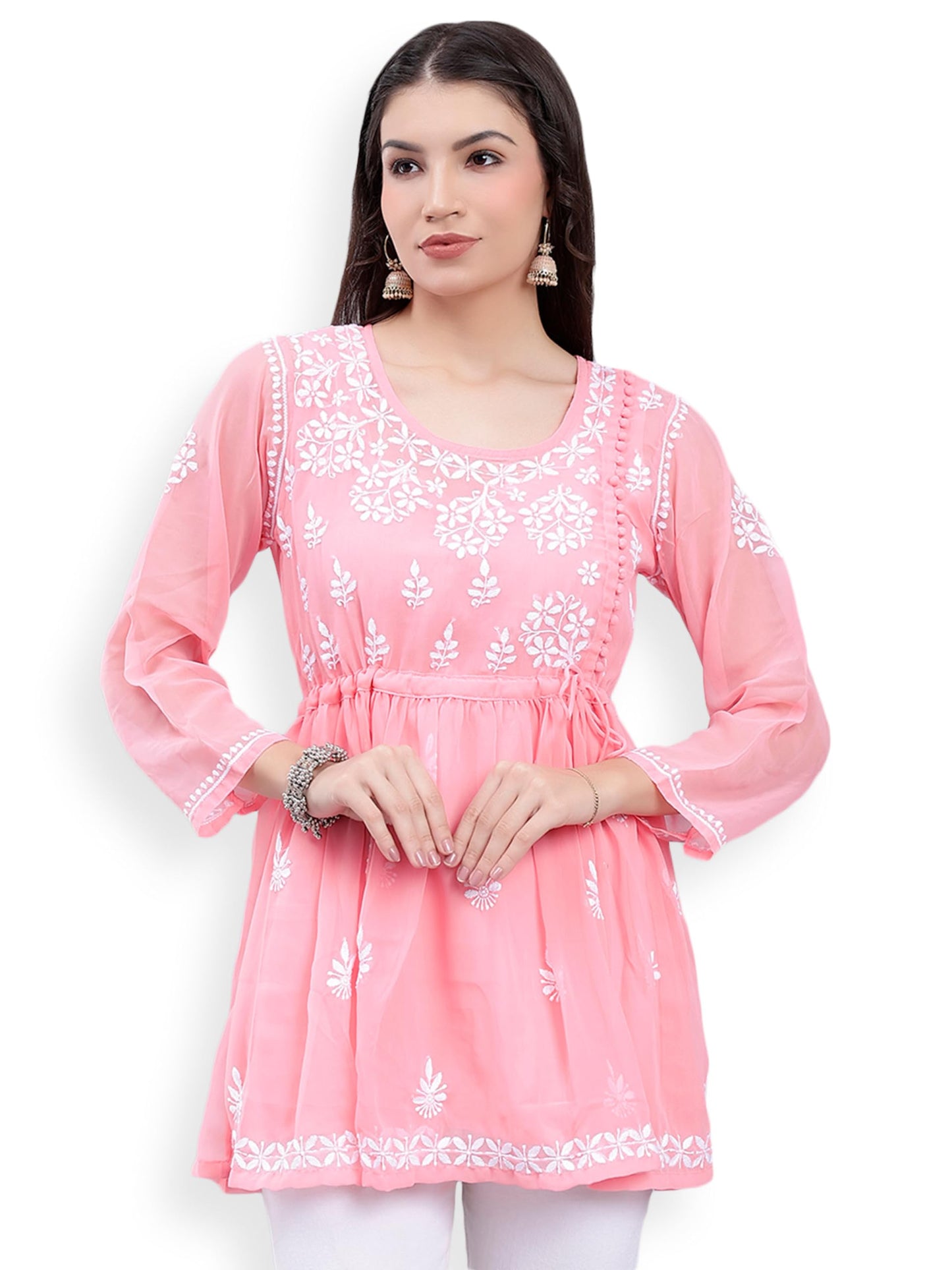 Seva Chikan Hand Embroidered Peach Georgette Lucknowi Chikankari Top with Slip (Peach)