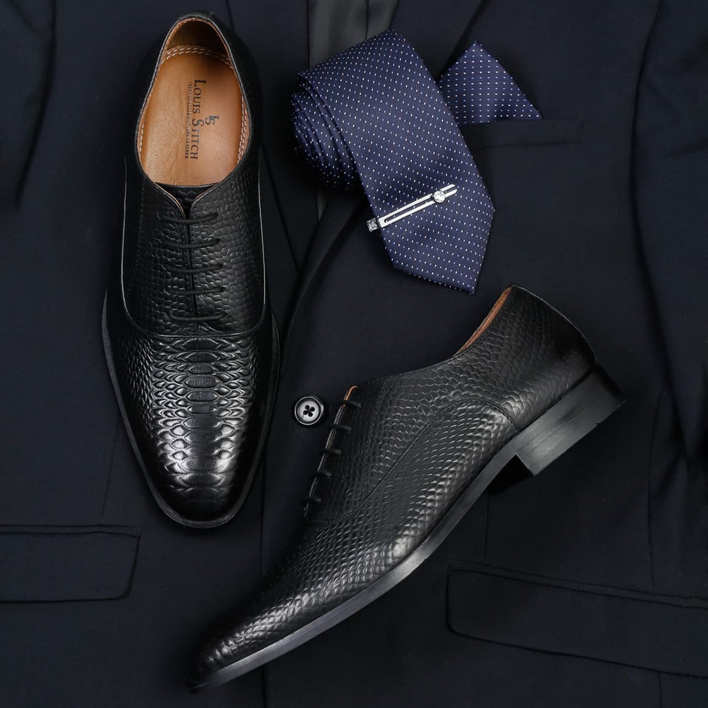 LOUIS STITCH Men's Style Devils Black Derby Shoes Handmade Formal Italian Leather Shoes for Men (EUSNJB) (Size- 8 UK)