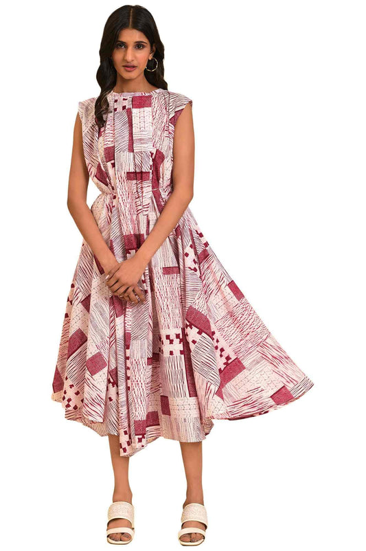 W for Woman Women's Cotton Red Abstract Printed Flared Vacay Dress Ankle Length  Bud