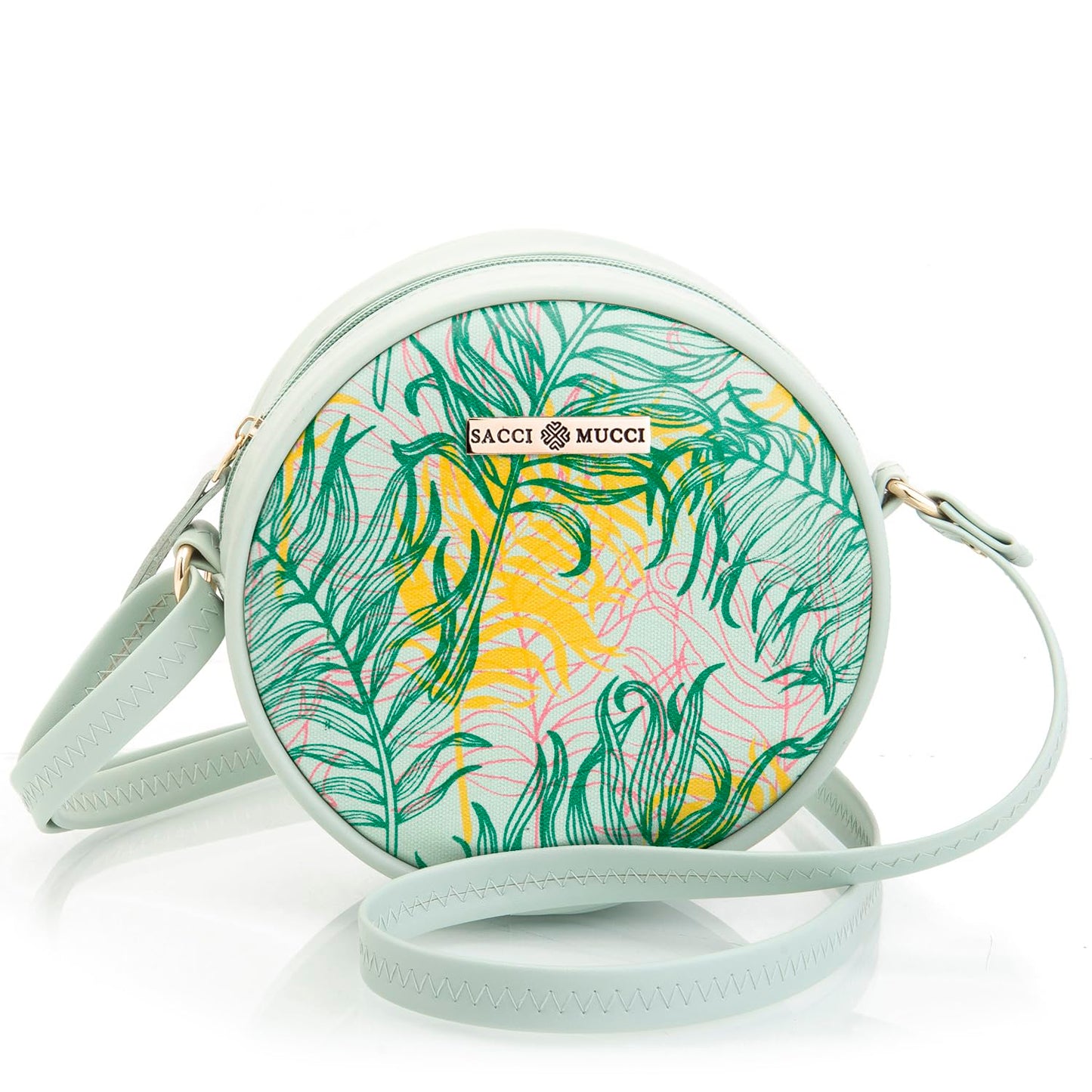 SACCI MUCCI Round Sling Bag, Printed Sling Bag For Girls, Women Sling Bag, Crossbody Bag For Women, gifts for women/Girls, Gift for her - Botanical (Mint green)