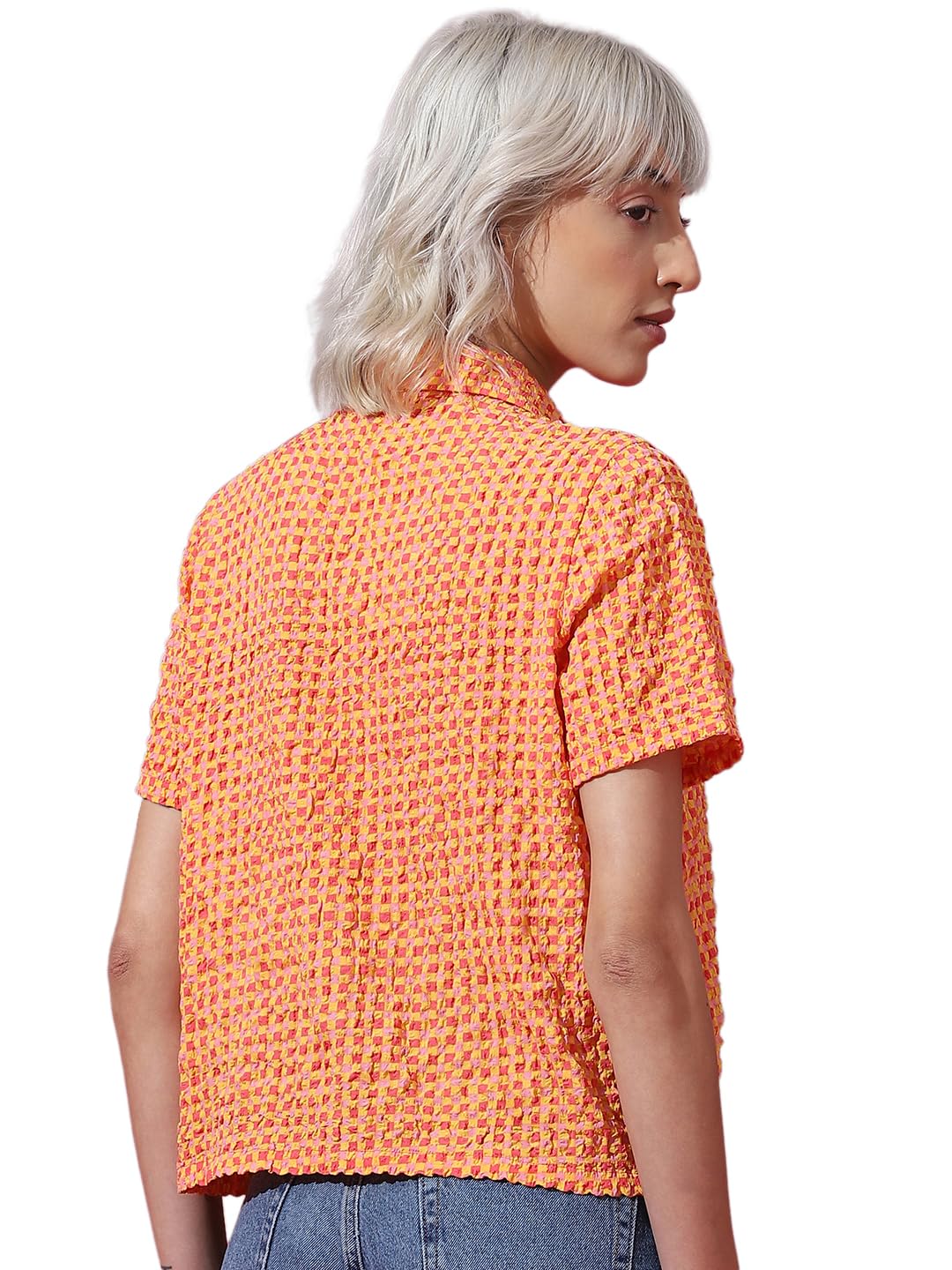 ONLY Women's Checkered Regular Fit Shirt (15315706-Jaffa Orange_Jaffa