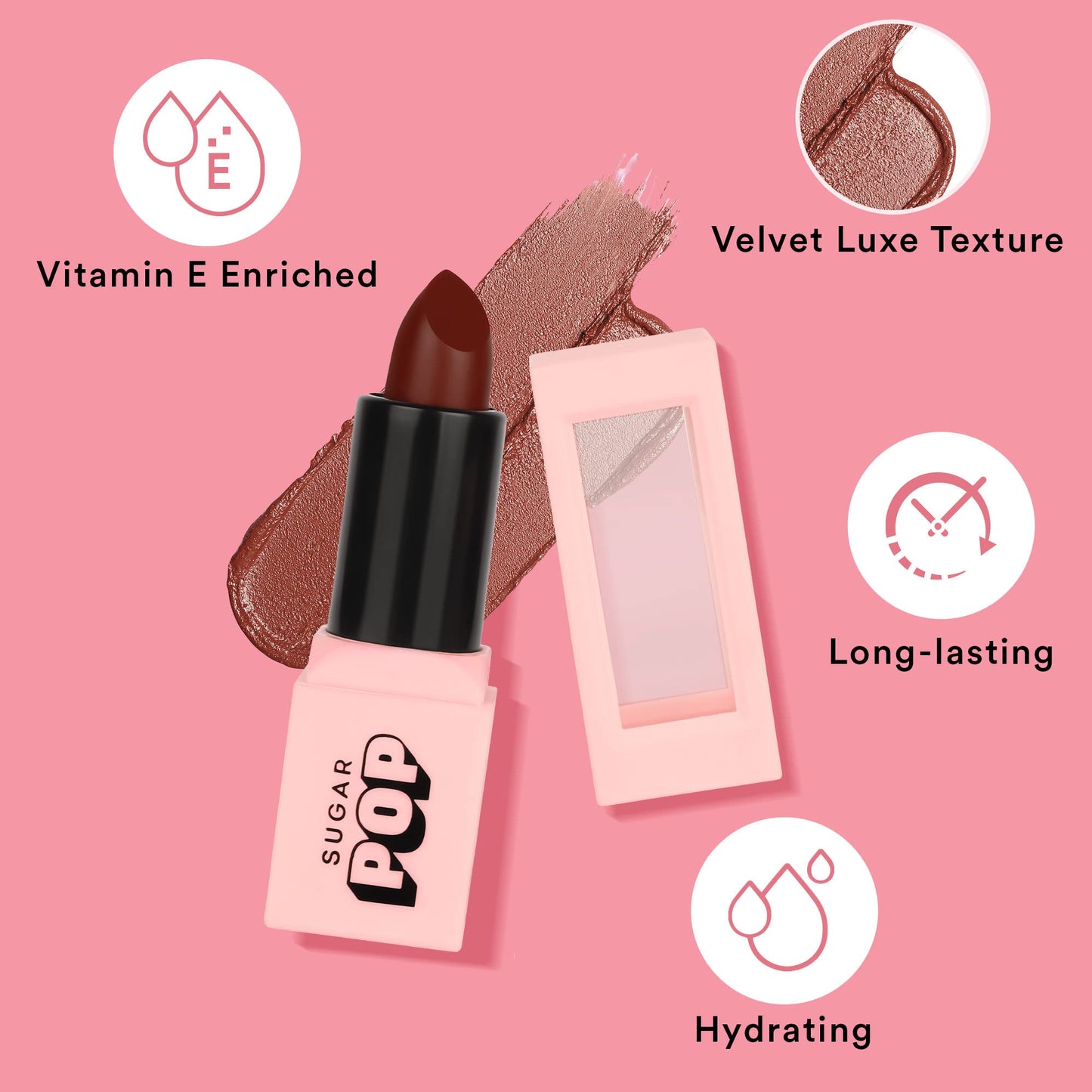 SUGAR POP Satin Matte Lipstick - 06 Amber (True Brown) - 3 gm - Infused with Vitamin E, Shea Butter & Jojoba Oil l Full Coverage, Ultra Pigmented, Hydrating, Weightless Formula l Lipstick for Women