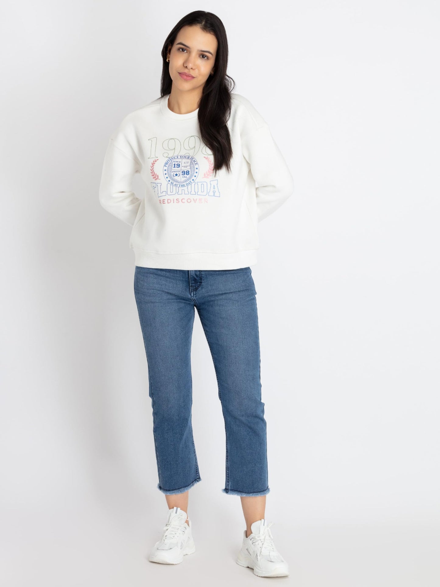 Status Quo Womens Printed Round Neck Sweatshirt Off White