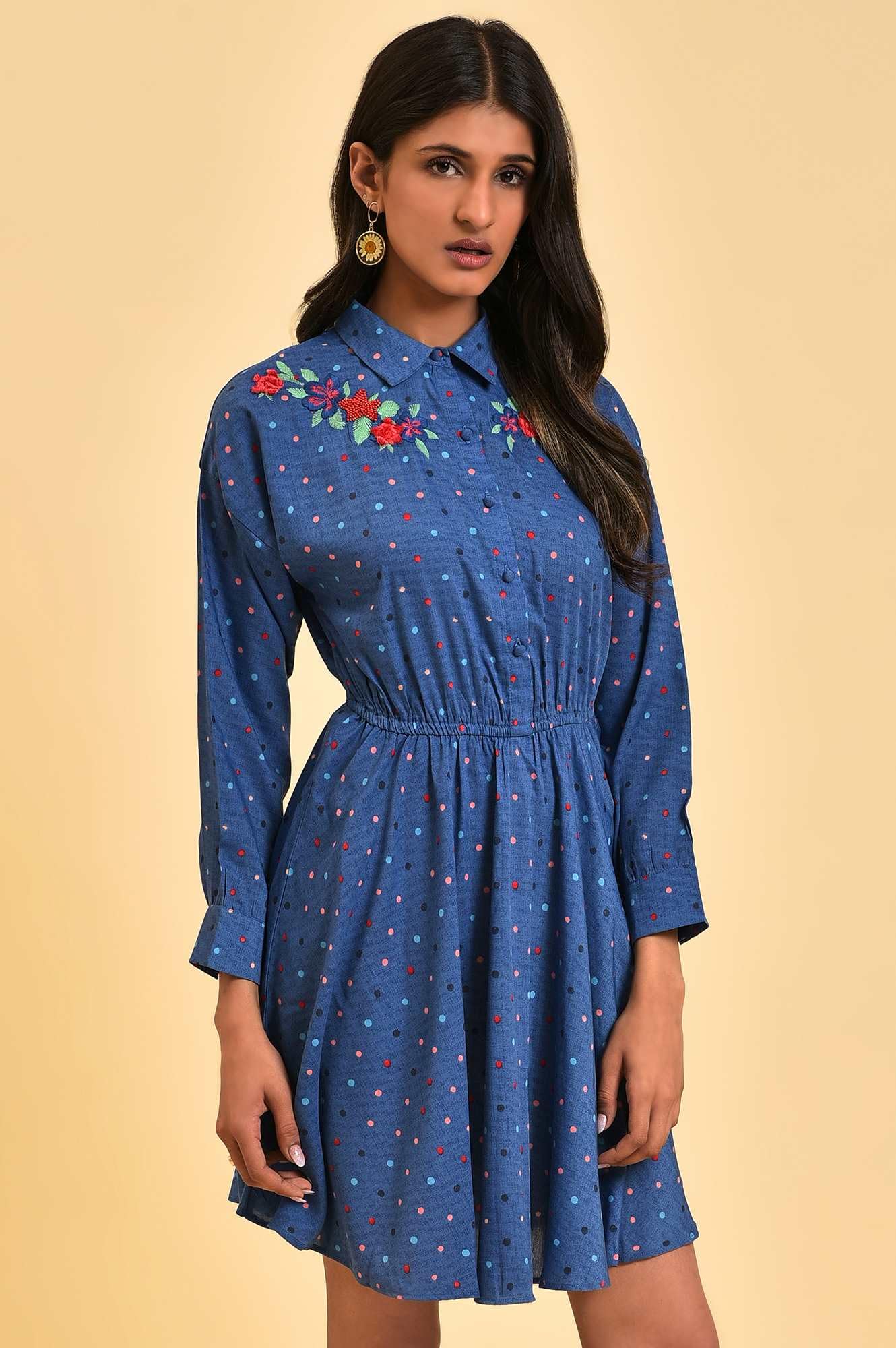 W for Woman Women's Polyester Blue Polka Dot Embroidered Dress Above The Knee