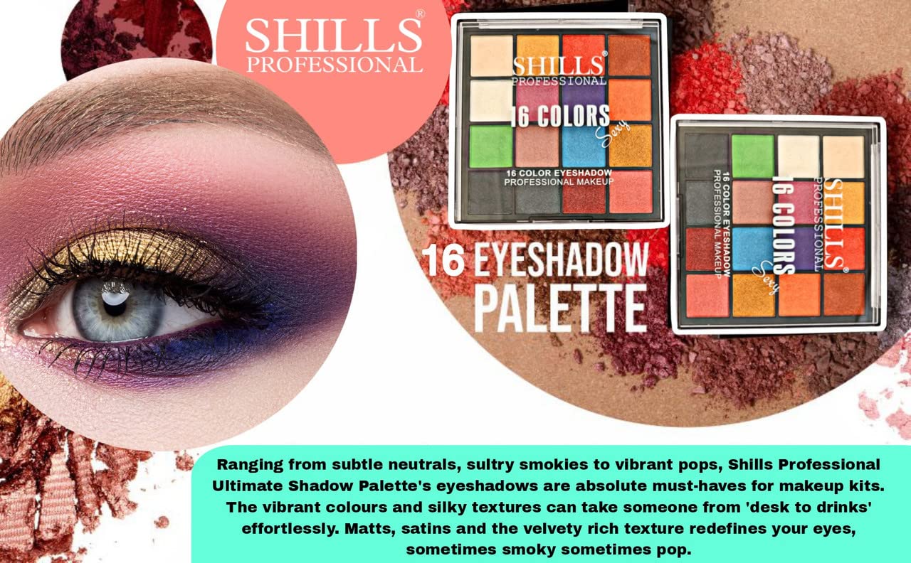 SHILLS PROFESSIONAL 16 colors Eyeshadow Palette| Long wearing and Easily Blendable Eye makeup Palette | Matte, Shimmers and Metallic | Multicolor