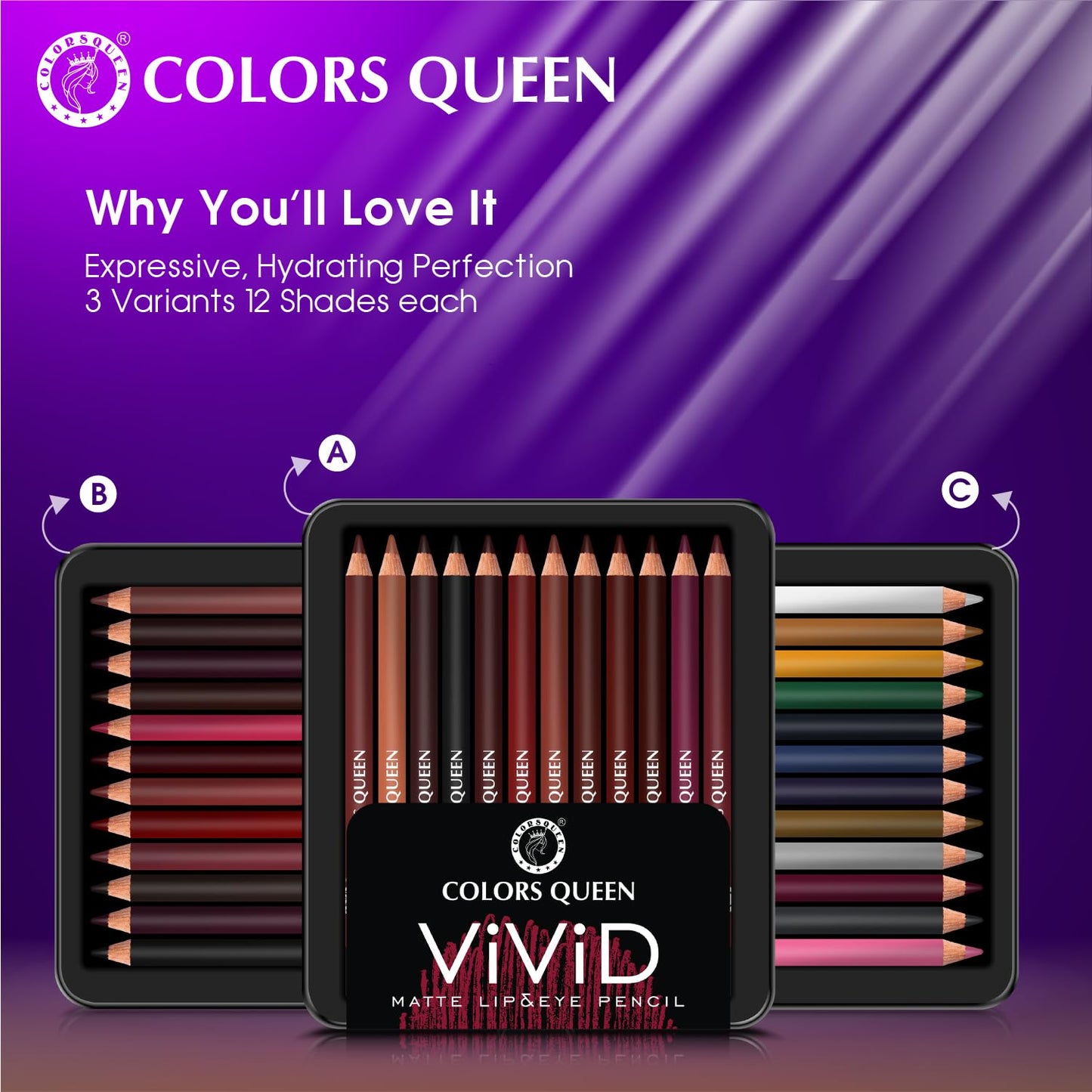 Colors Queen Vivid Matte Eye & Lip Liner Pencil Set | Long Lasting, Waterproof & Smudge Proof Lip Liner | Bold & Creamy Lip Liner Pencil Set of 12 (1.5g x12) | Multi Color A