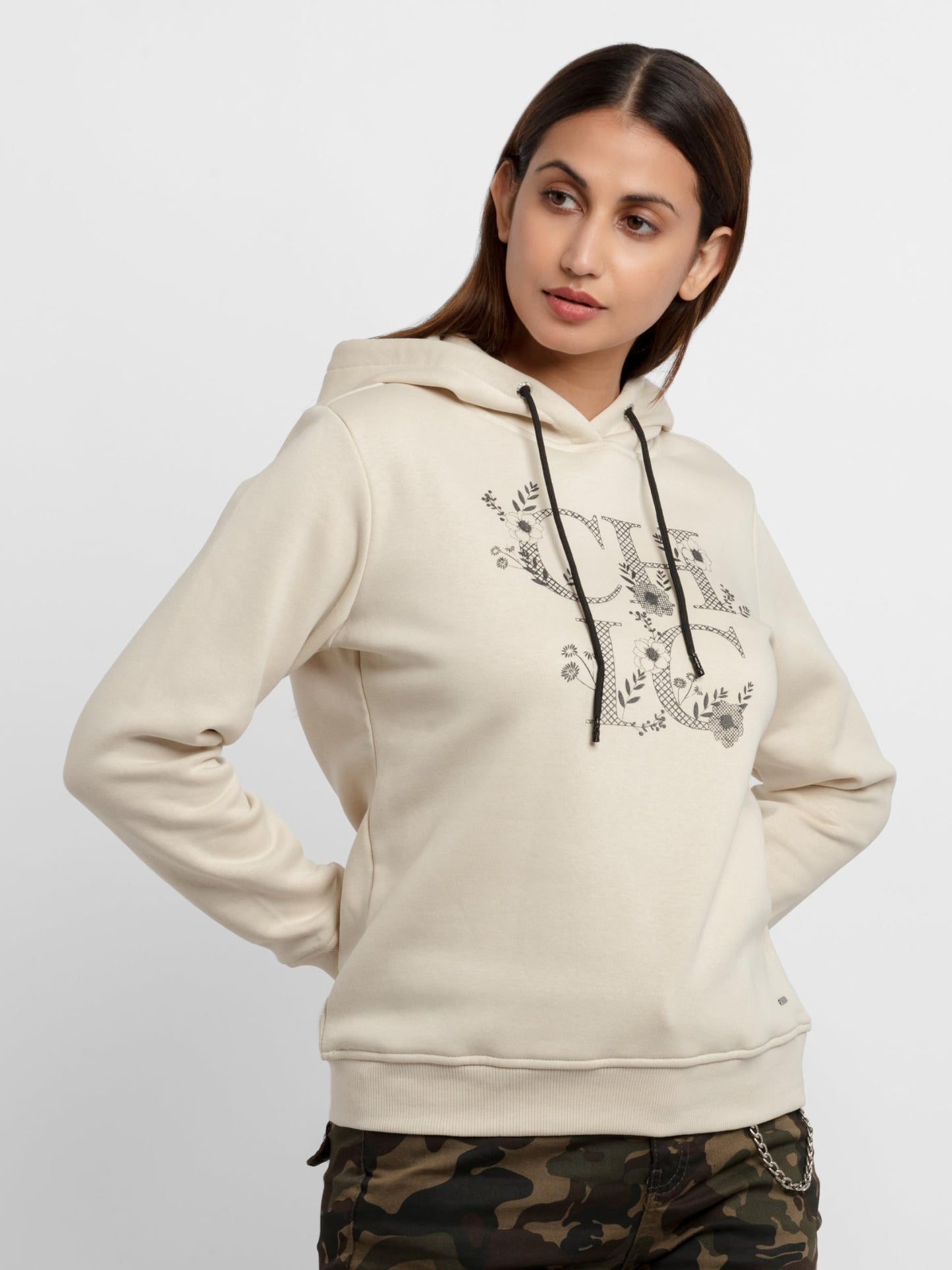 Status Quo Womens Printed Hooded Sweatshirt Beige