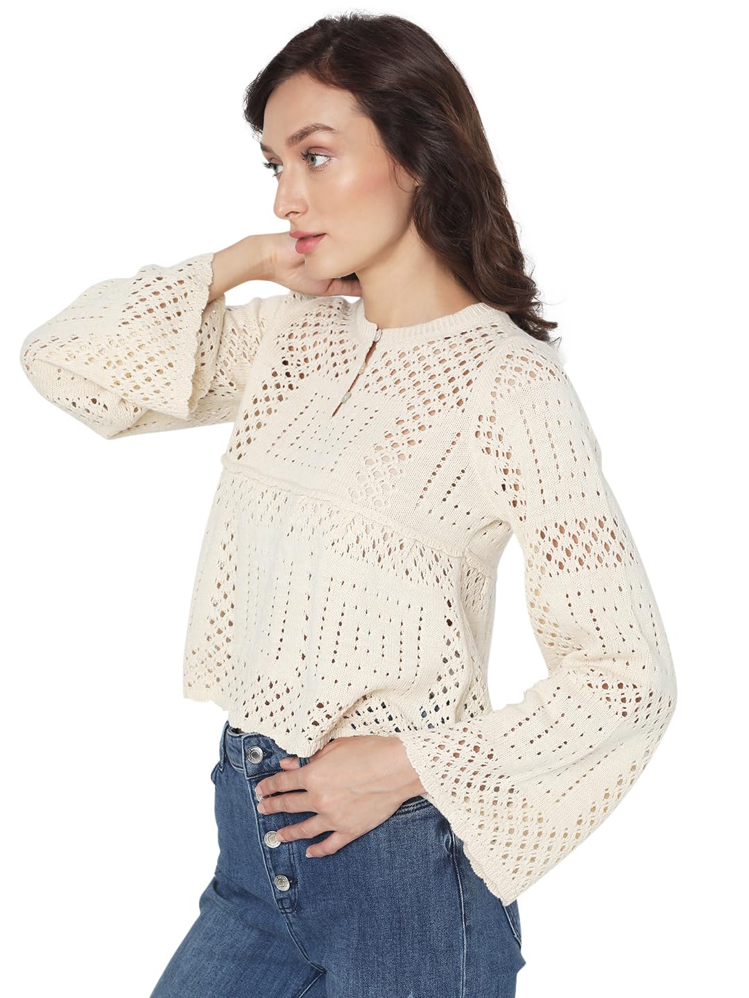 VERO MODA Women's Cotton Round Neck Sweater (10294379- Birch