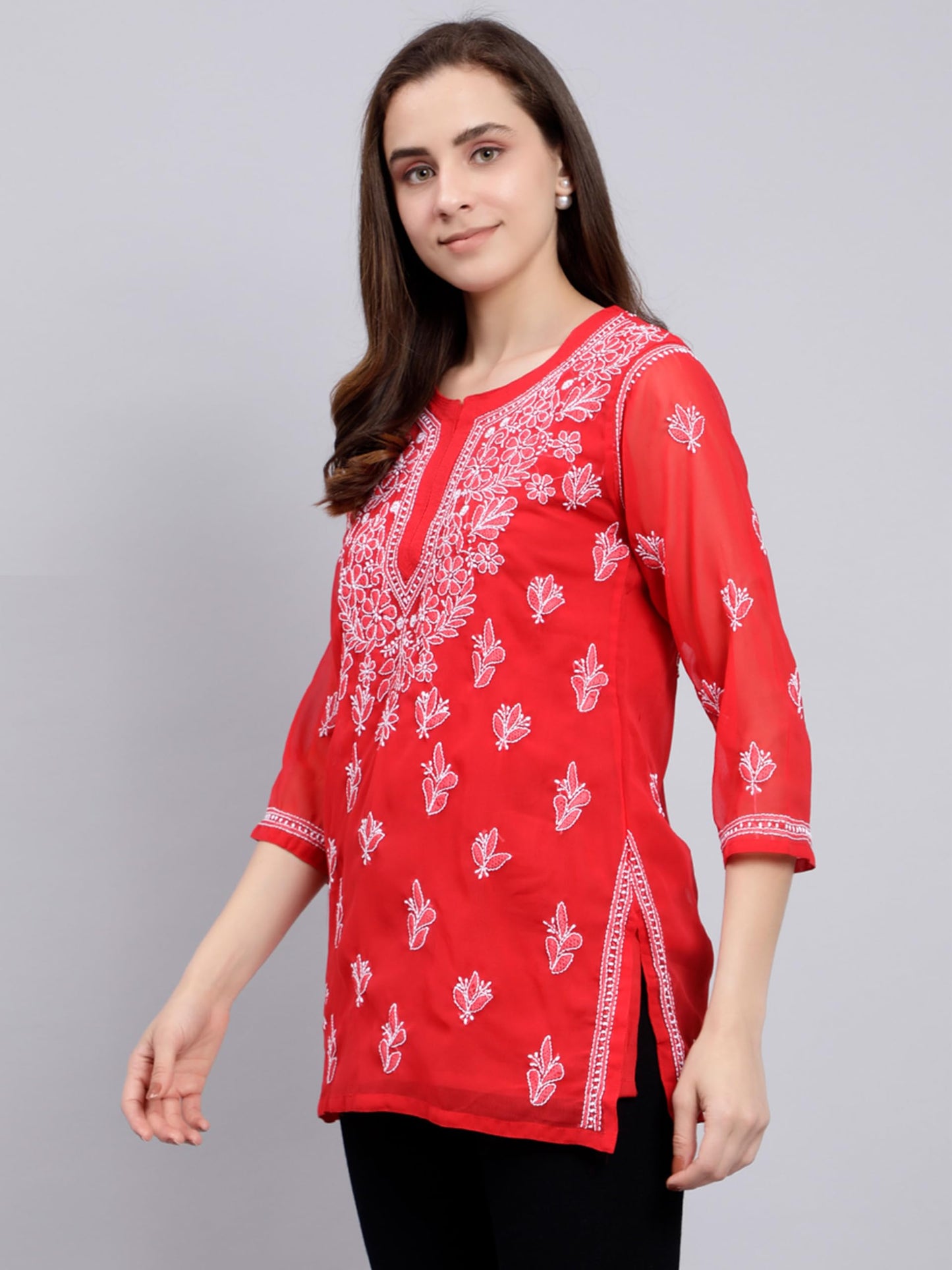 Seva Chikan Hand Embroidered Red Georgette Lucknowi Chikankari Top with Slip (Red)