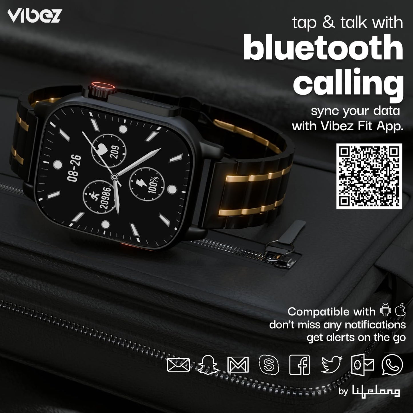 Vibez by Lifelong New Launch Smart Watch for Men -60 Day Battery 950mAH -2.02” Ultra HD Display & 900 NITS Men's Smartwatch -Stainless Steel Dial & BT Calling (Pacific, Black)
