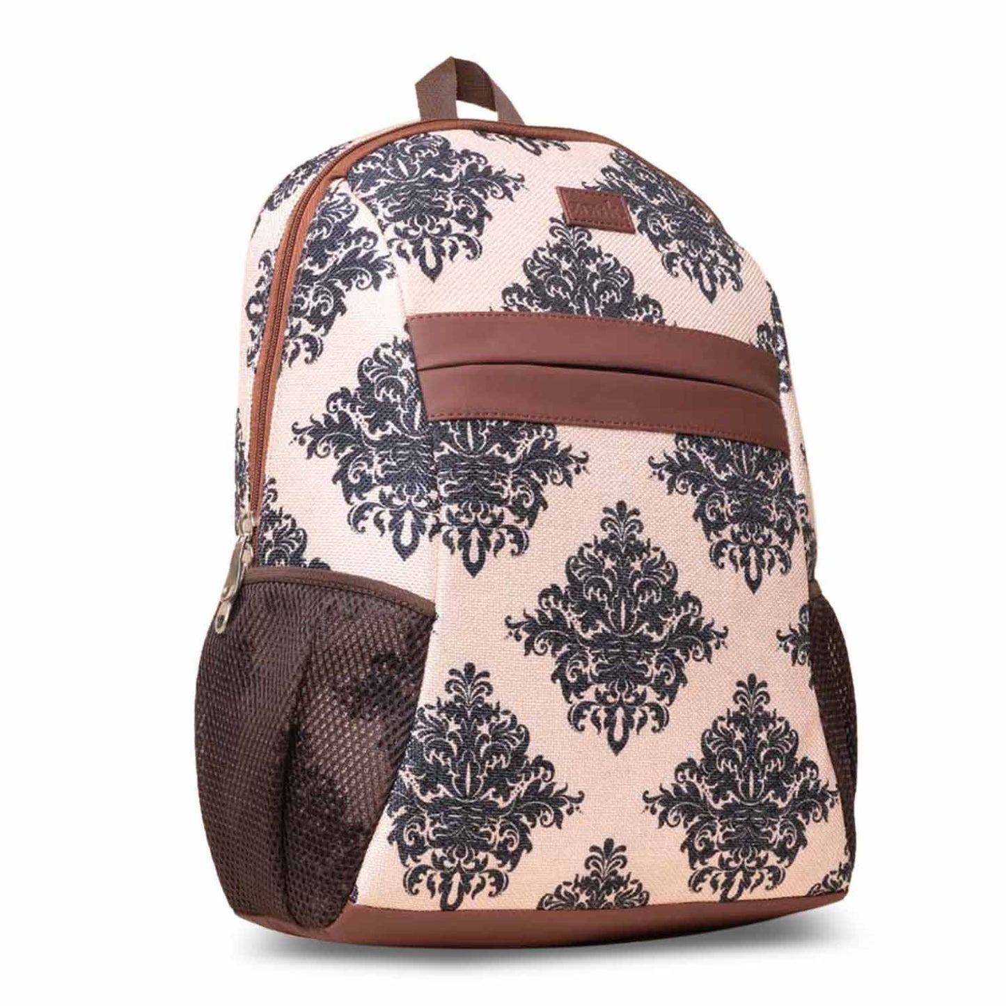 ZOUK Mughal Motif Printed Women's Jute Handcrafted Vegan Leather Cream Classic Backpack