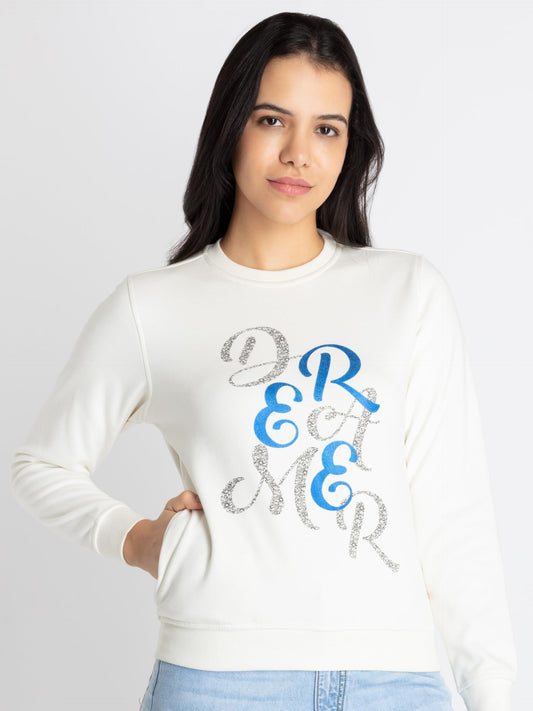 Status Quo Womens Printed Round Neck Sweatshirt Off White